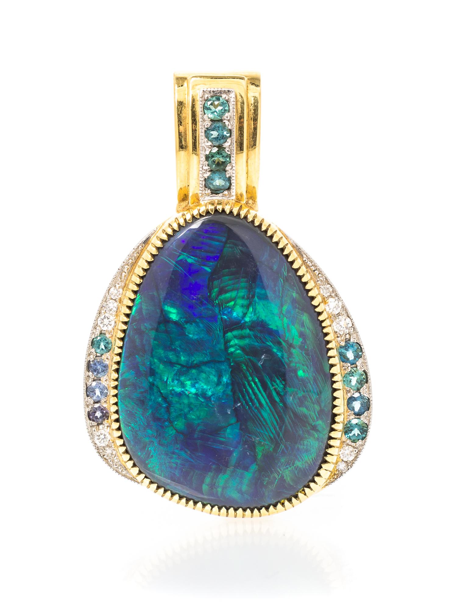 An 18 Karat Yellow Gold, Platinum, Black Opal, Diamond and Cuprian Tourmaline Pendant,
