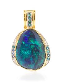 An 18 Karat Yellow Gold, Platinum, Black Opal, Diamond and Cuprian Tourmaline Pendant,