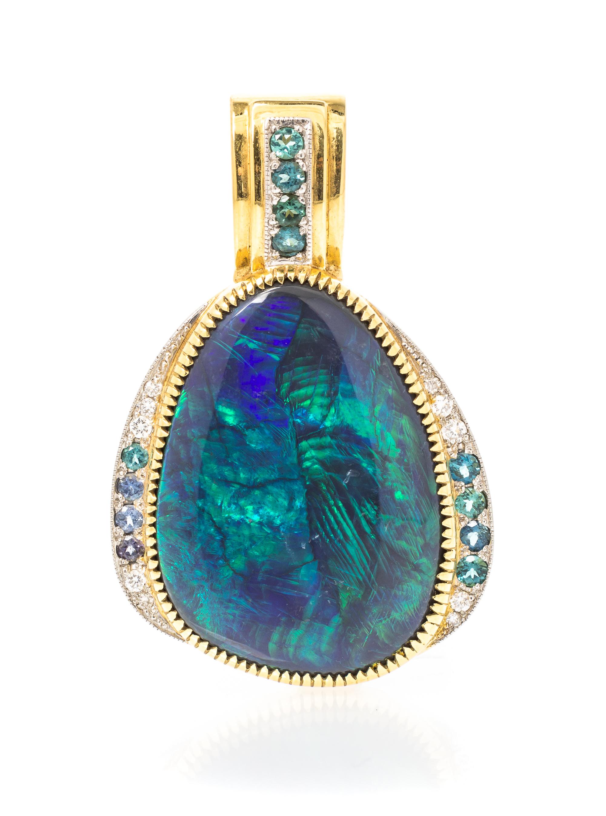 An 18 Karat Yellow Gold, Platinum, Black Opal, Diamond and Cuprian Tourmaline Pendant,