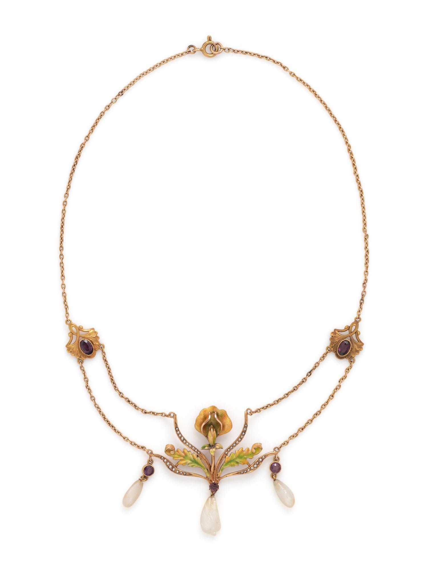 ART NOUVEAU, AMETHYST, PEARL AND POLYCHROME ENAMEL NECKLACE