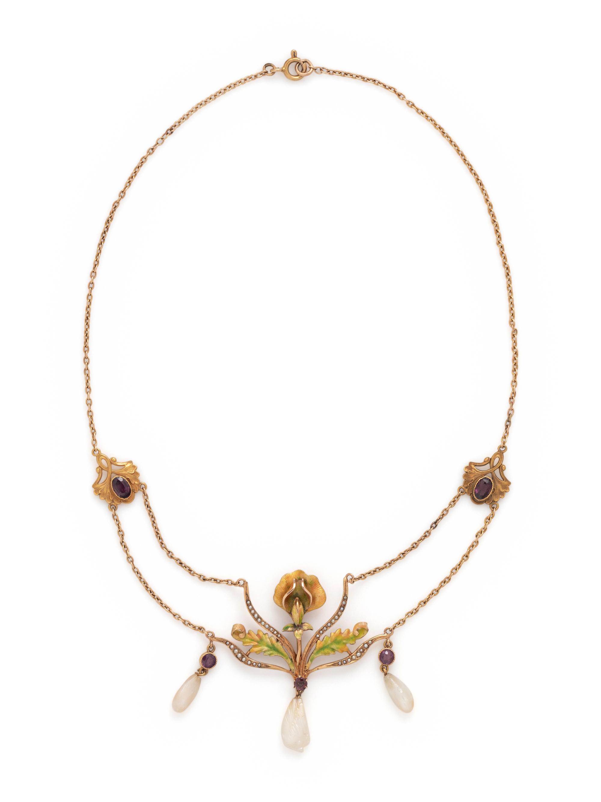 ART NOUVEAU, AMETHYST, PEARL AND POLYCHROME ENAMEL NECKLACE