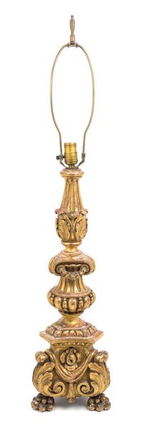 A Neoclassical Style Carved Giltwood Pricket Height 39 3/8 inches.