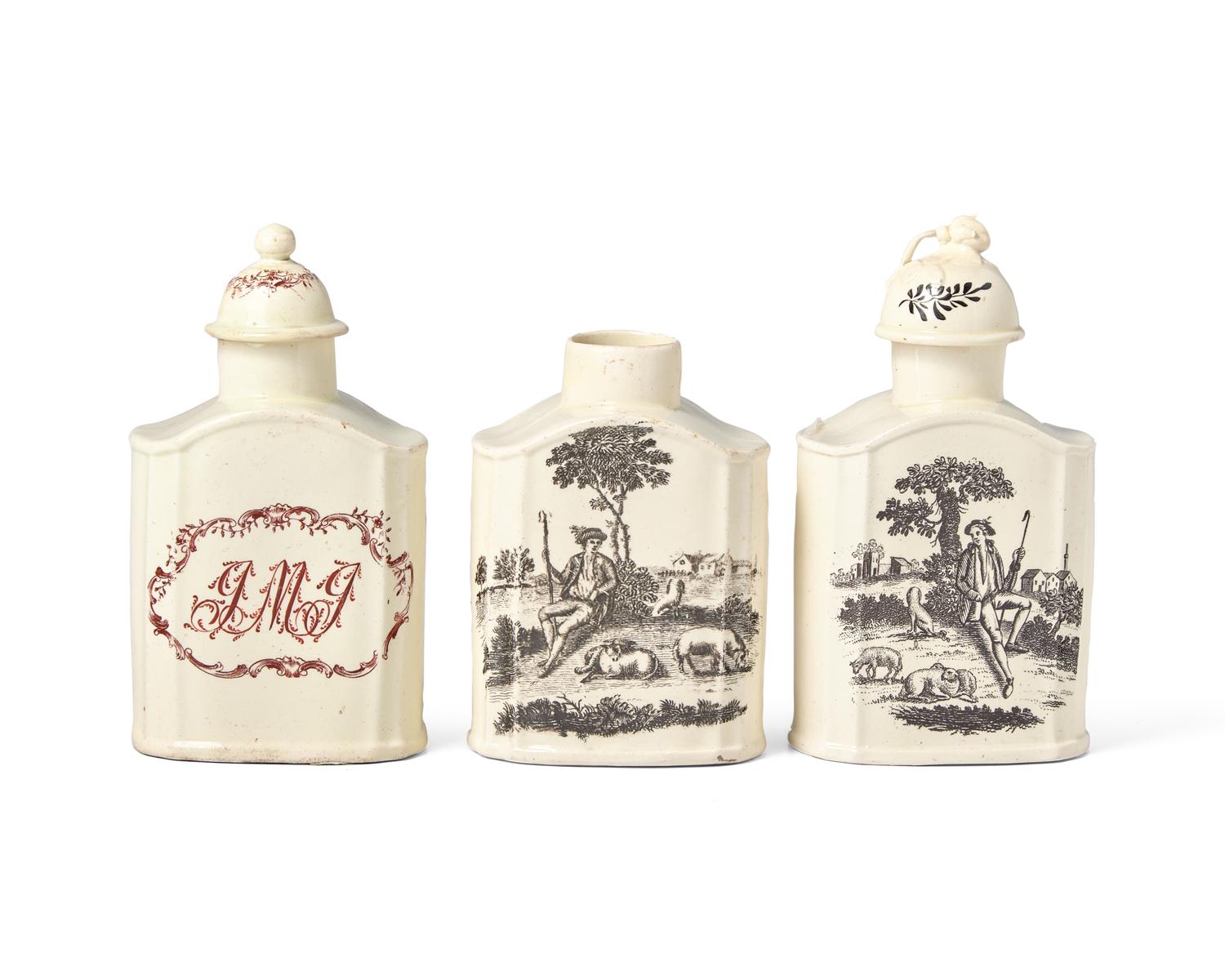 A Group of Three Wedgwood Transfer-Decorated Teacaddies