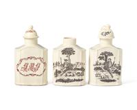 A Group of Three Wedgwood Transfer-Decorated Teacaddies
