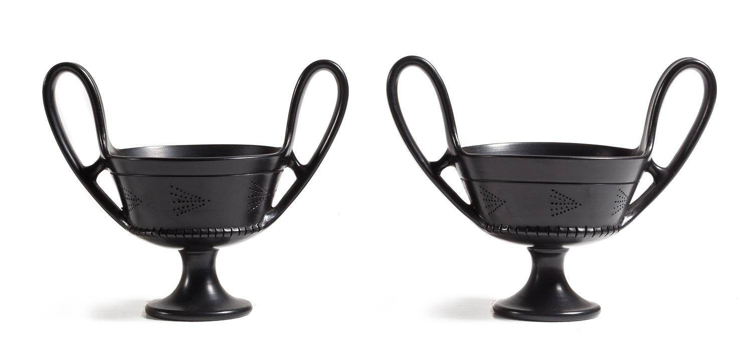 A Pair of Italian Black-Fired Footed Bowls Height 8 x width 9 1/2 inches. — PAOLO GOLIA
