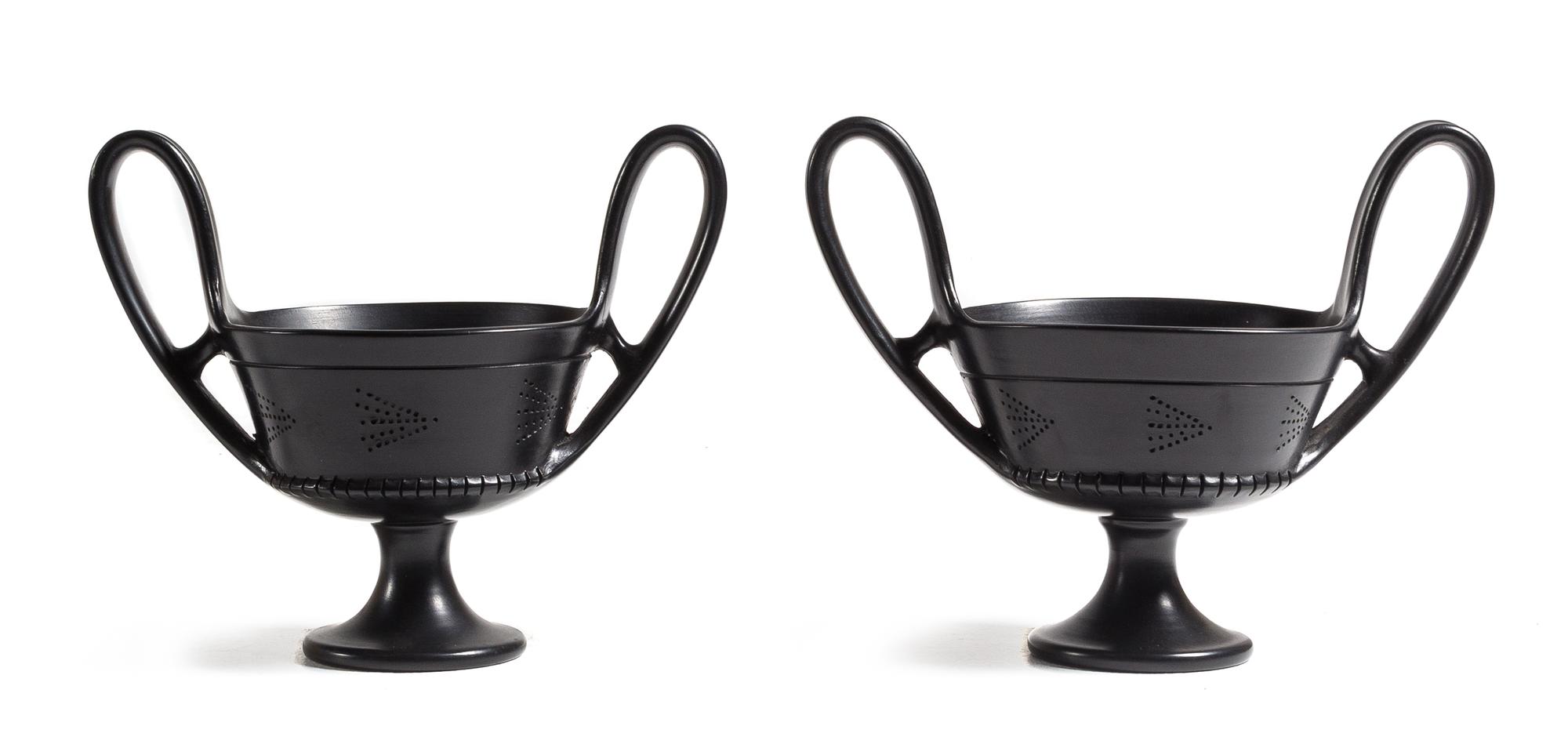 A Pair of Italian Black-Fired Footed Bowls Height 8 x width 9 1/2 inches. — PAOLO GOLIA