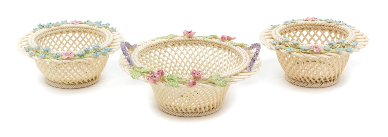 Three Belleek Three Strand Baskets Width of widest 6 inches. — SIXTH GOLD MARK ON PAD (1990-1992)