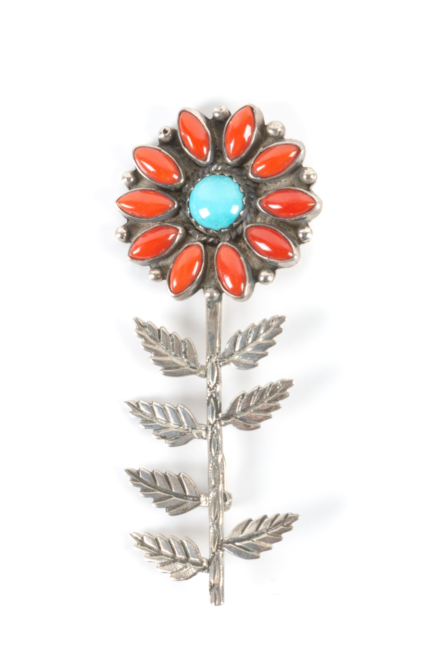 Southwestern Silver, Turquoise and Coral Flower Brooch Height 3 3/8 inches