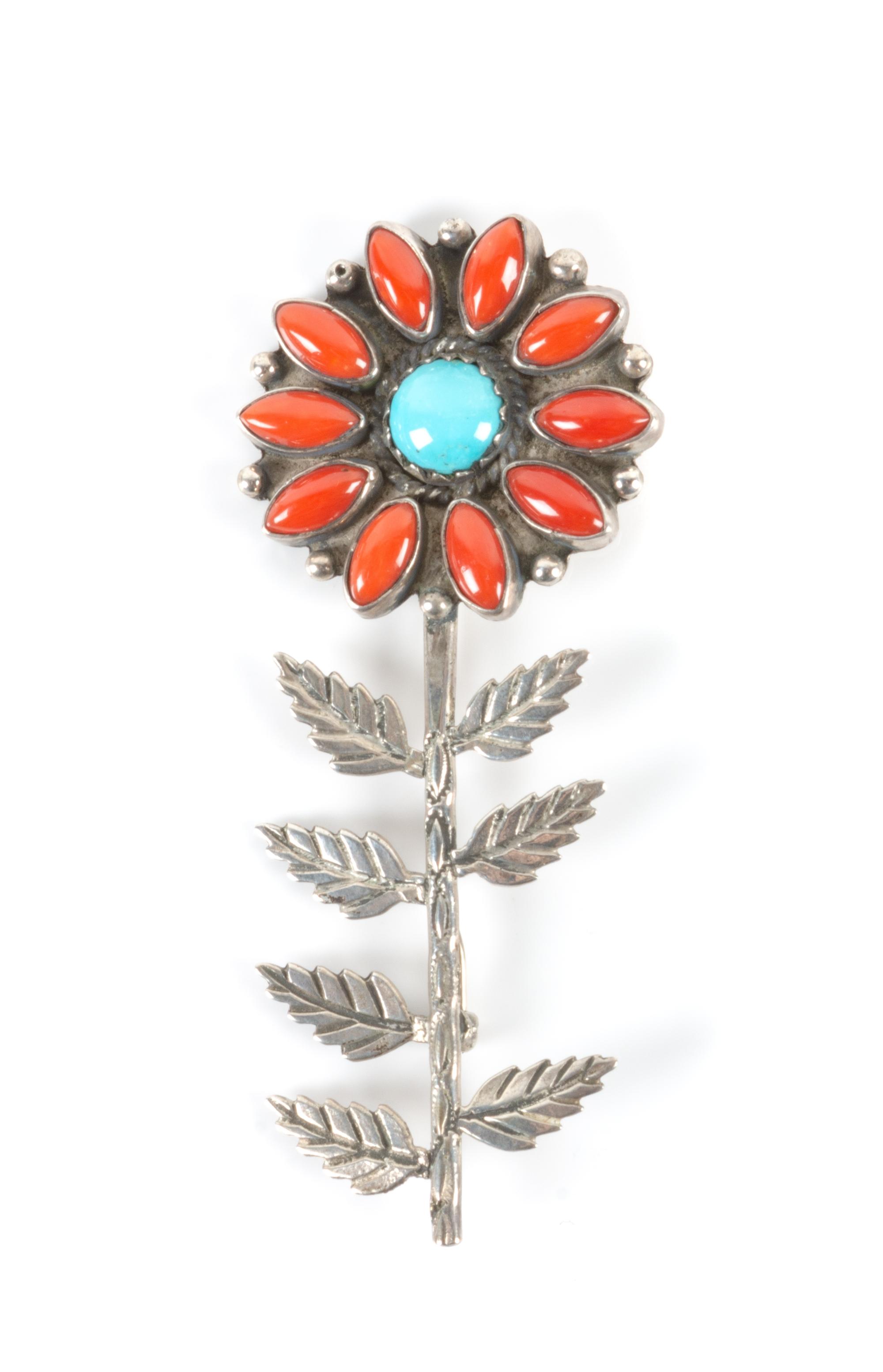 Southwestern Silver, Turquoise and Coral Flower Brooch Height 3 3/8 inches