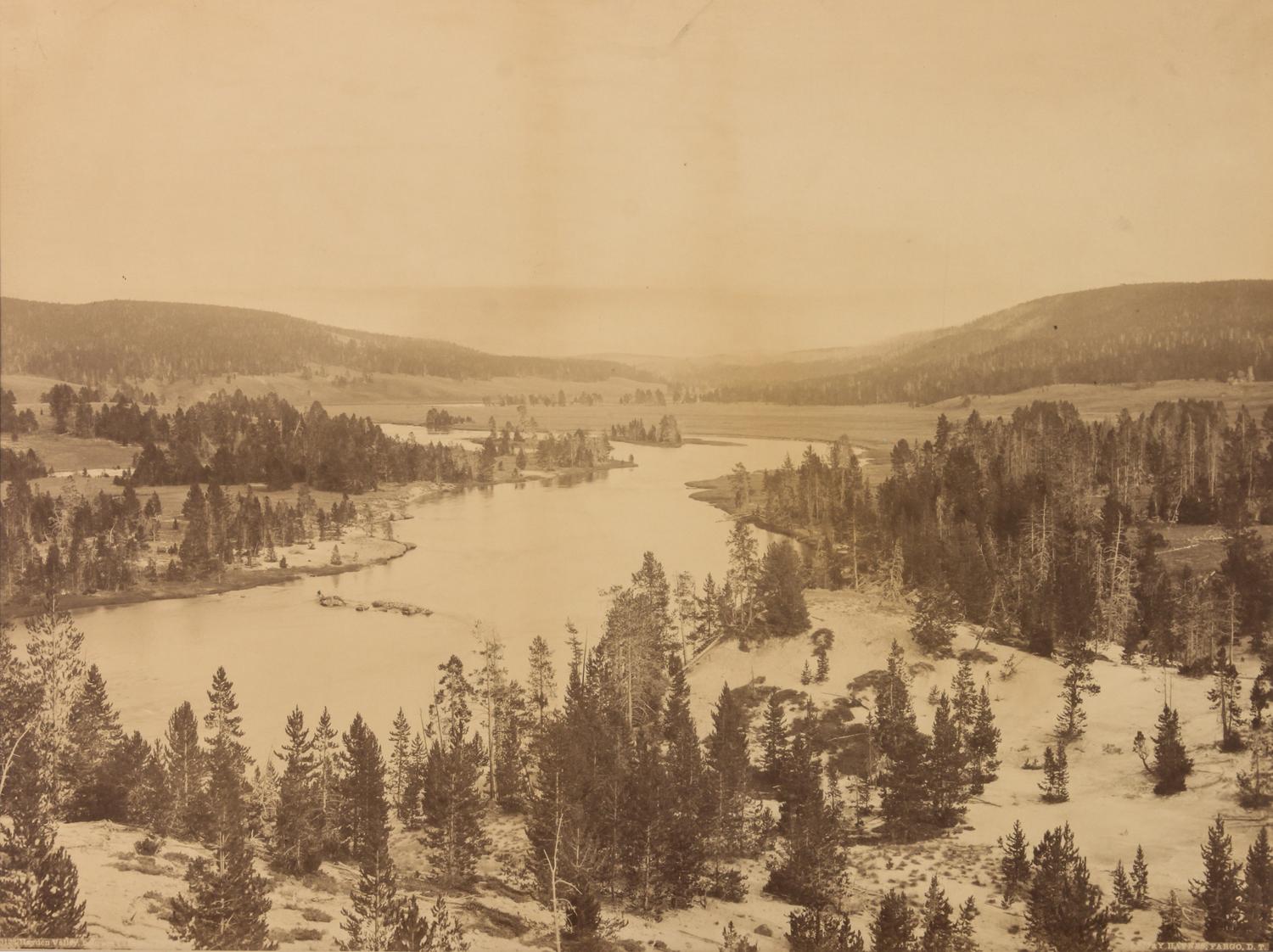 Frank Jay Haynes, (American, 1853-1921), Liberty Cap and Hotel, Yellowstone National Park Yellowstone Lake, Mount Sheridan, Yellowstone