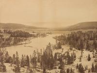 Frank Jay Haynes, (American, 1853-1921), Liberty Cap and Hotel, Yellowstone National Park Yellowstone Lake, Mount Sheridan, Yellowstone