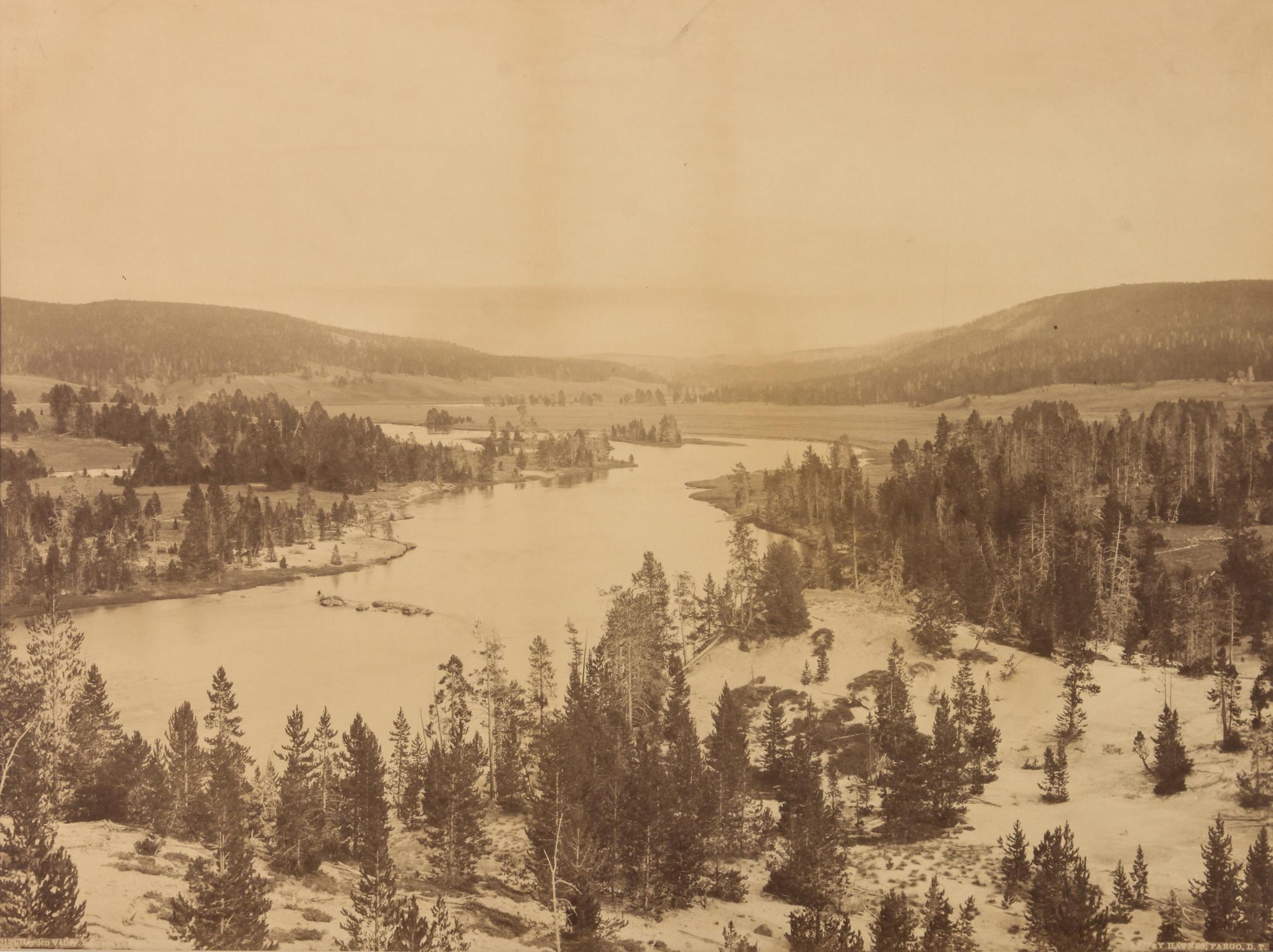 Frank Jay Haynes, (American, 1853-1921), Liberty Cap and Hotel, Yellowstone National Park Yellowstone Lake, Mount Sheridan, Yellowstone