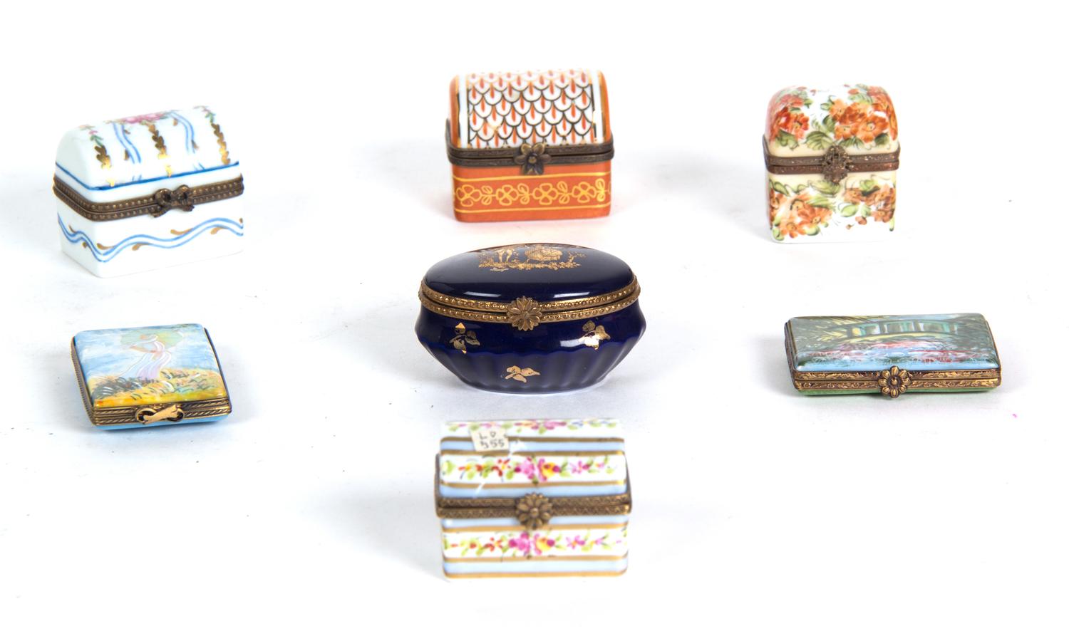 Seven Limoges Hand Painted Boxes Length of largest 2 1/2 inches.