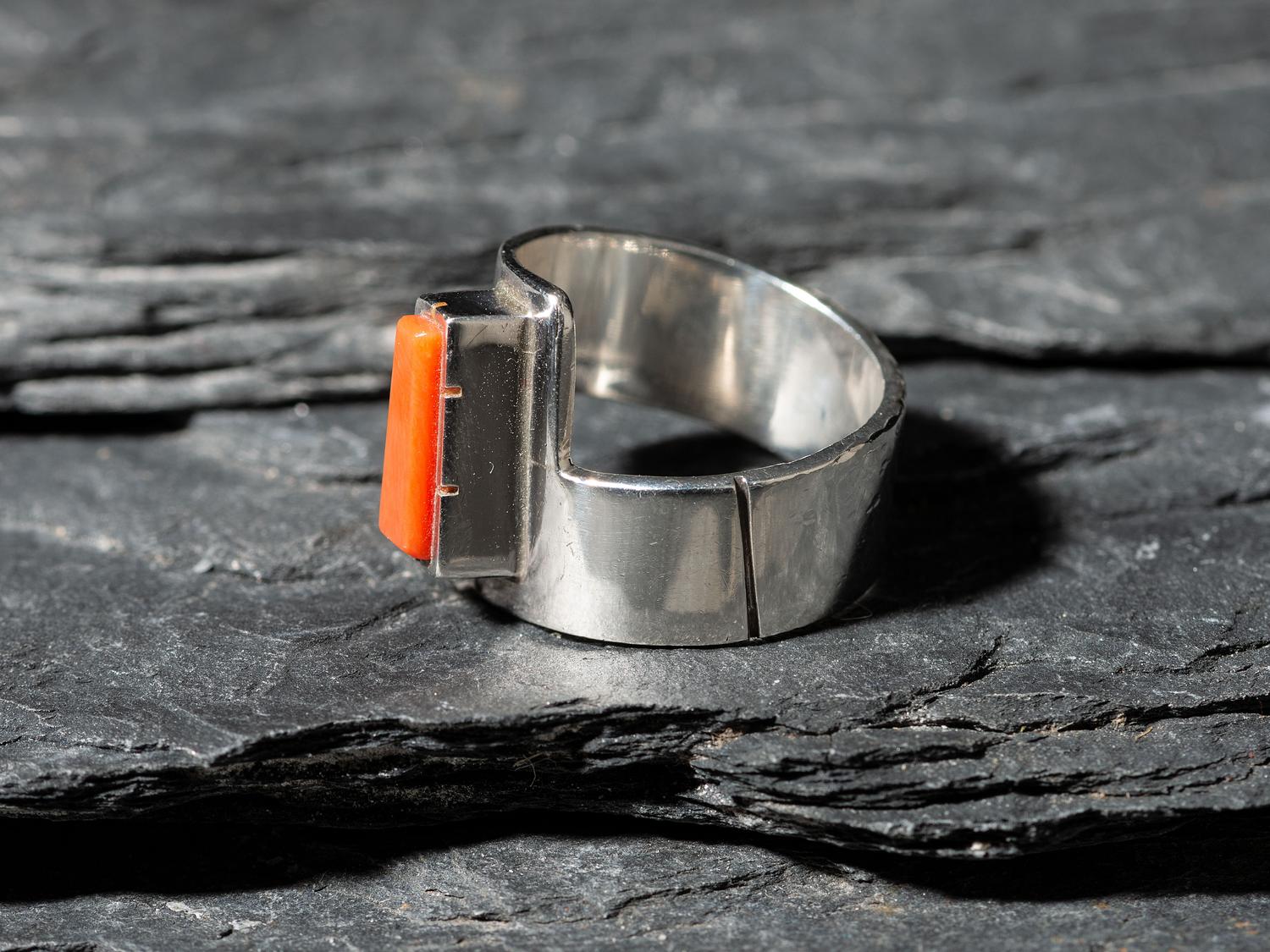 Asymmetric Silver and Coral Ring