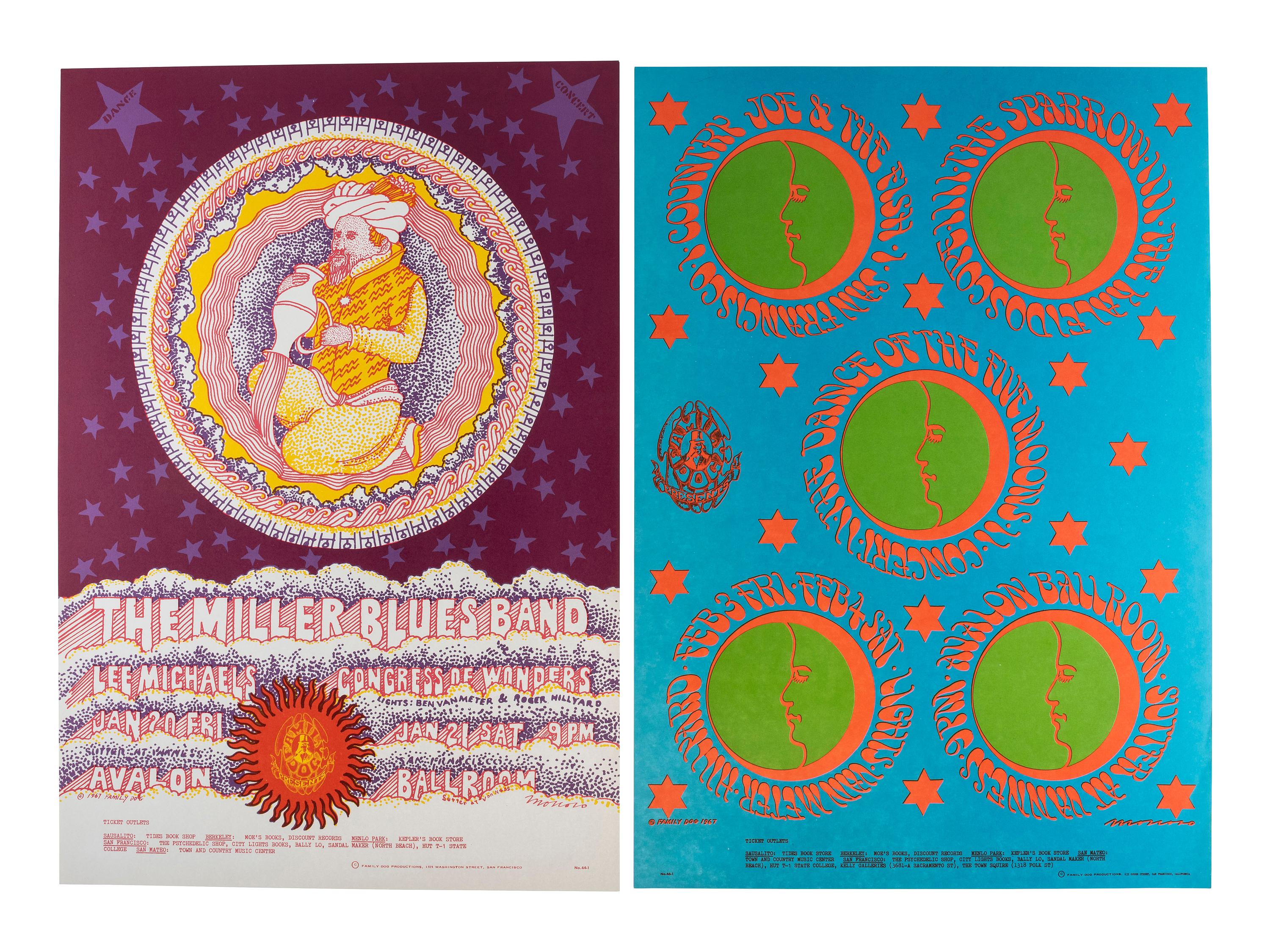[MUSIC] -- [POSTERS]. MOUSE, Stanley, KELLEY, Alton, and MOSCOSO, Victor, artists. A group of 8 Family Dog posters from 1967, comprising:
