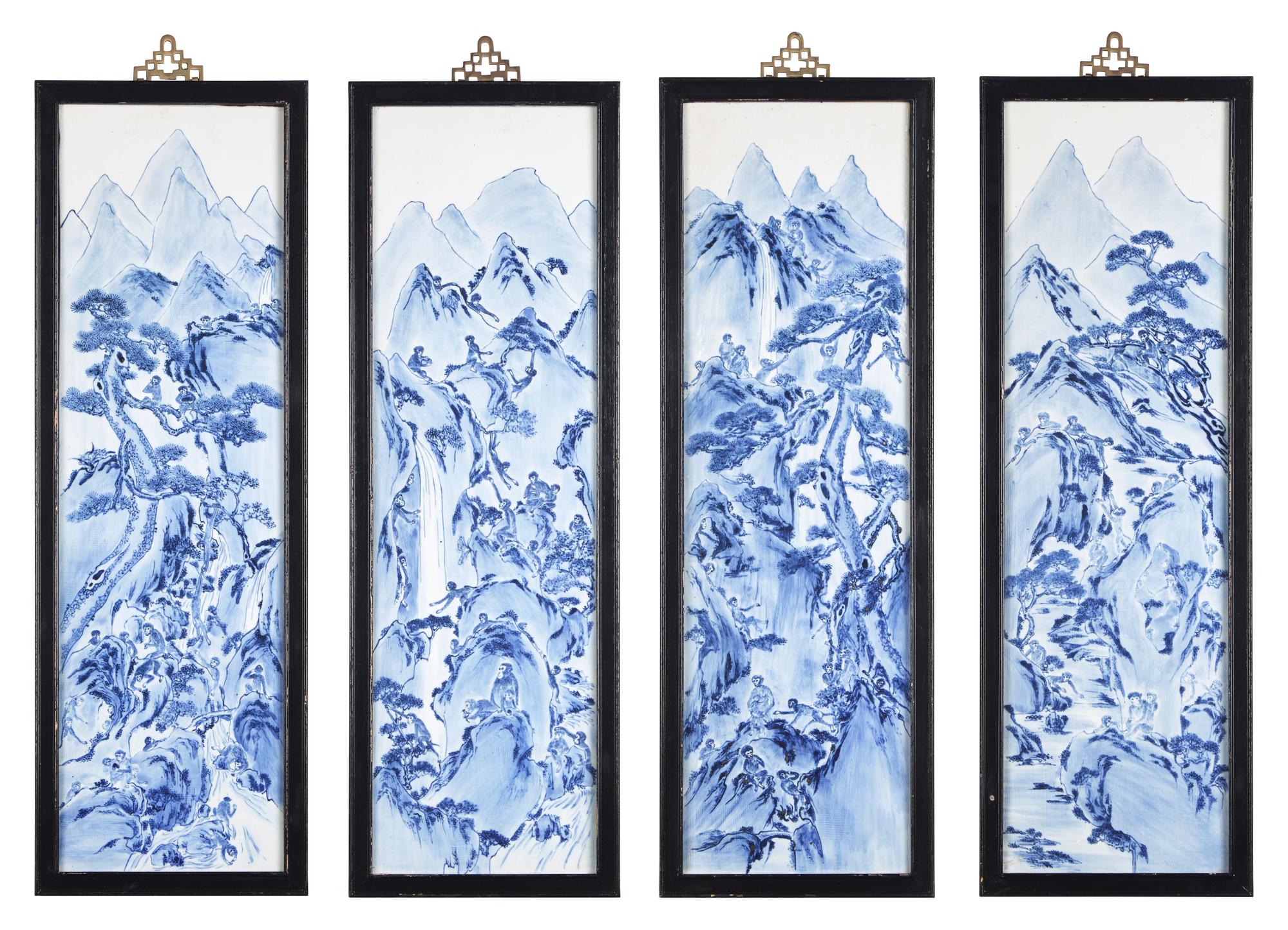 A Set of Four Chinese Blue and White Porcelain Wall Plaques 青花山水圖四條屏