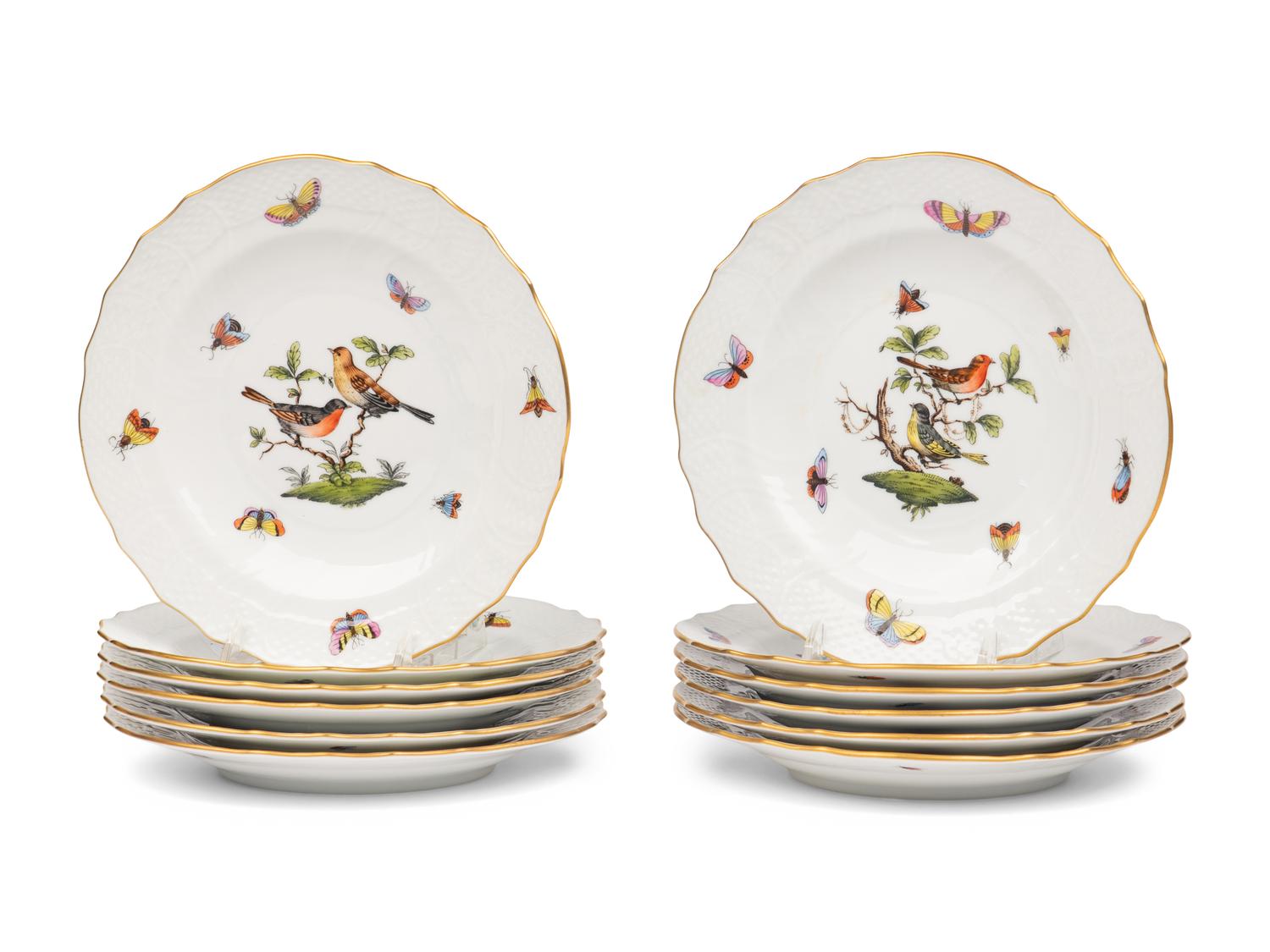 A Set of Twelve Herend Rothschild Bird Porcelain Salad Plates
