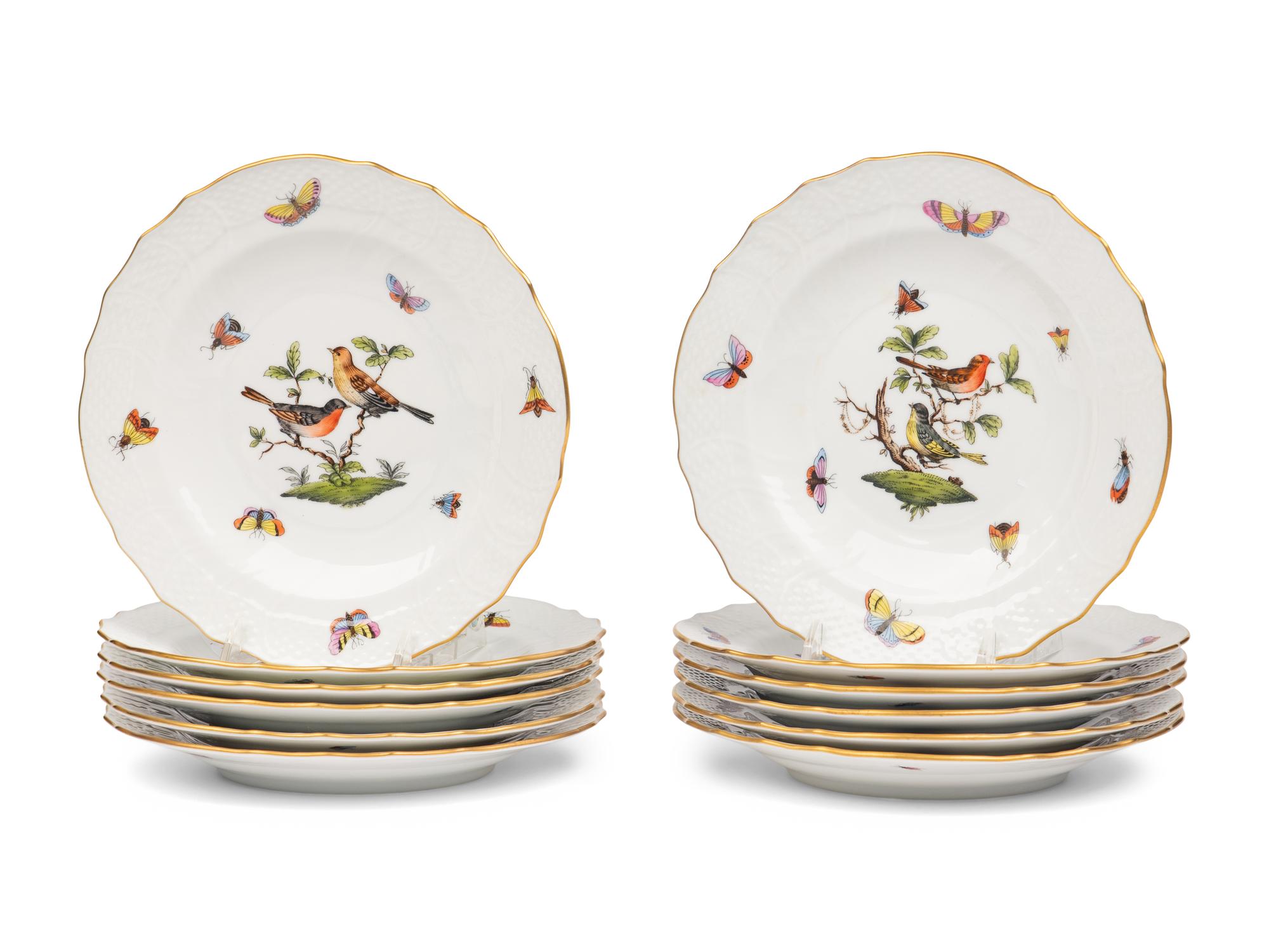 A Set of Twelve Herend Rothschild Bird Porcelain Salad Plates