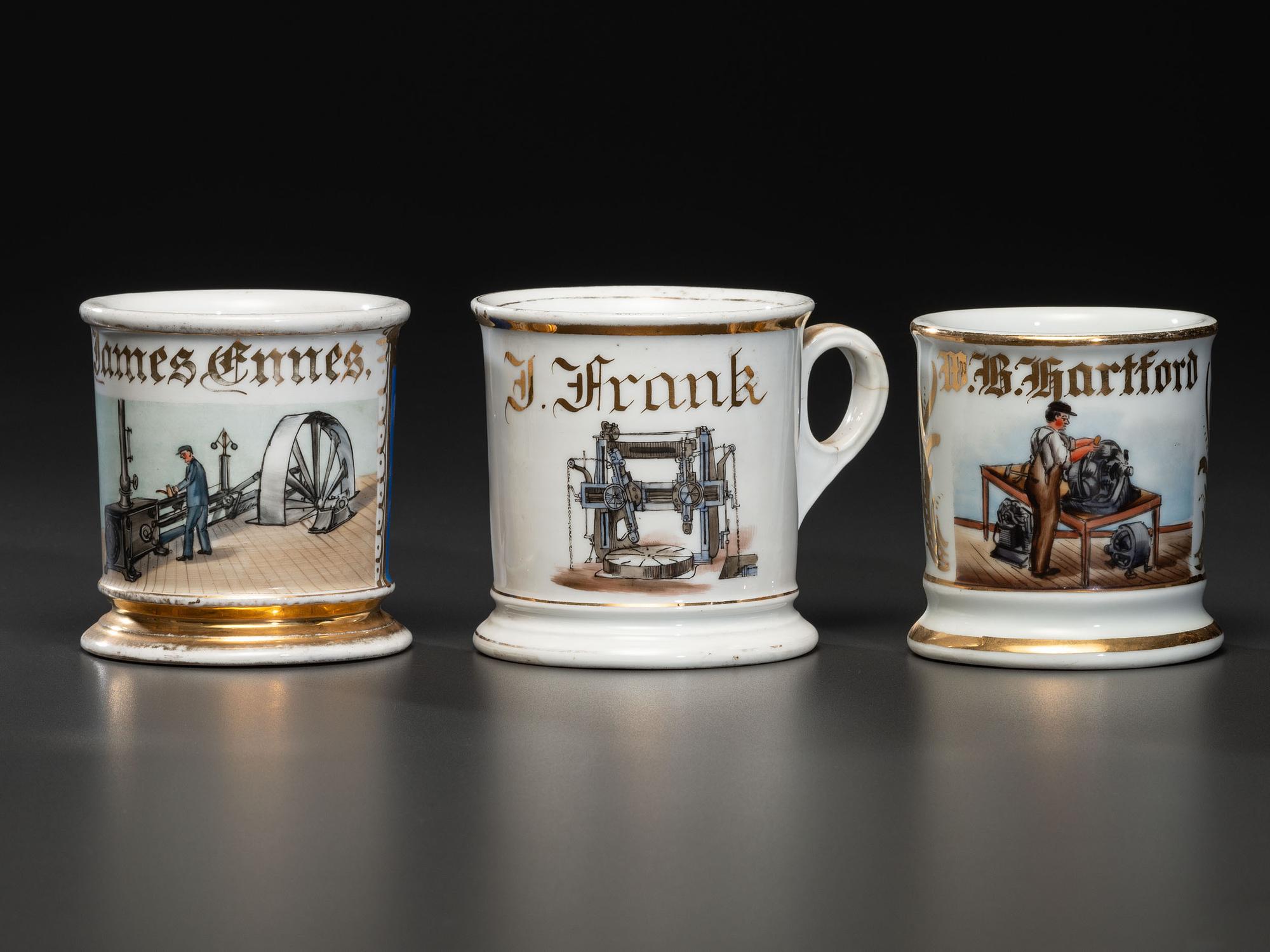 Three Machinist's Porcelain Occupational Shaving Mugs