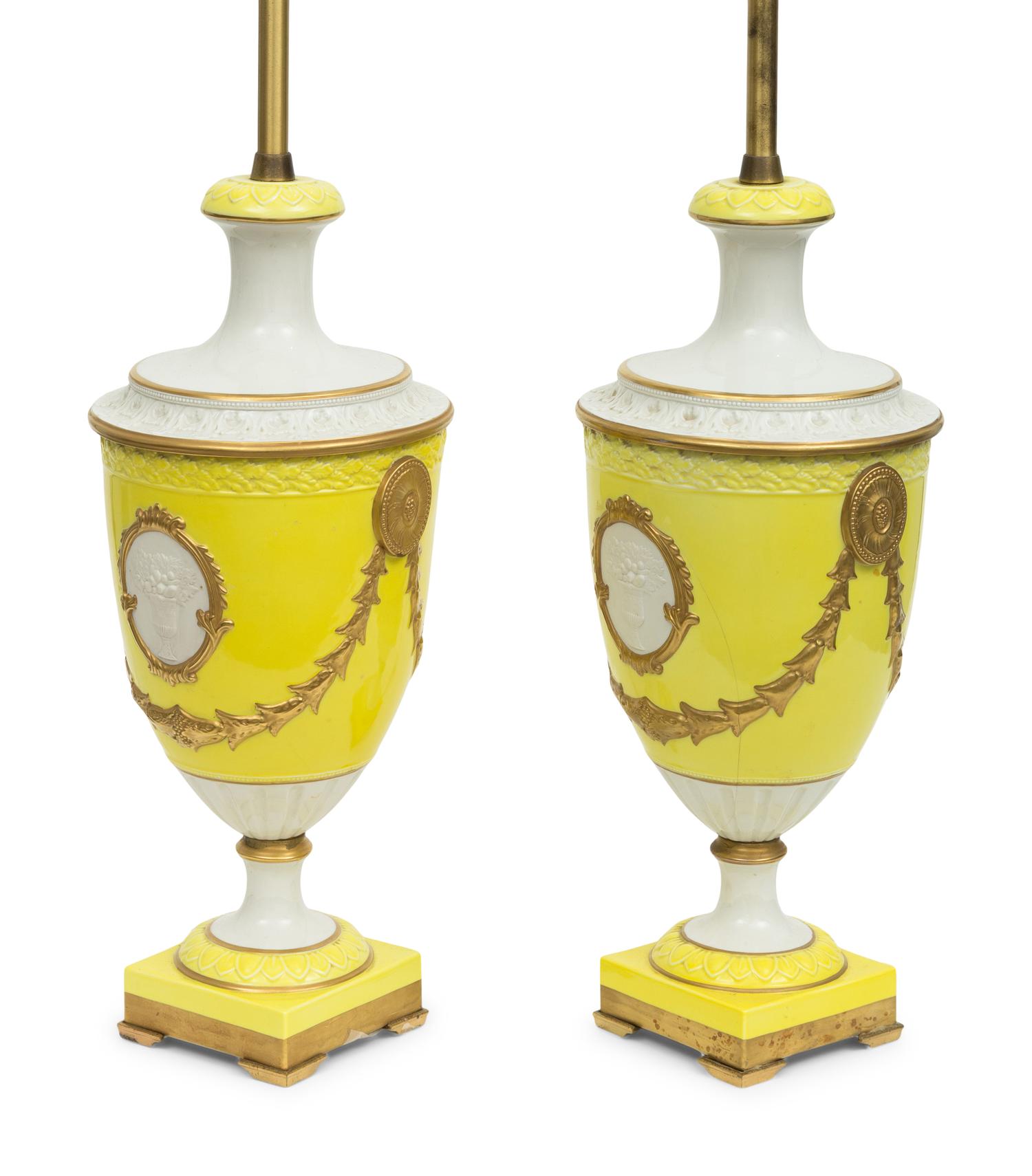 A Pair of Marbro Parcel Gilt Canary Yellow Urn-Form Porcelain Lamps