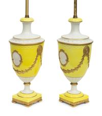 A Pair of Marbro Parcel Gilt Canary Yellow Urn-Form Porcelain Lamps