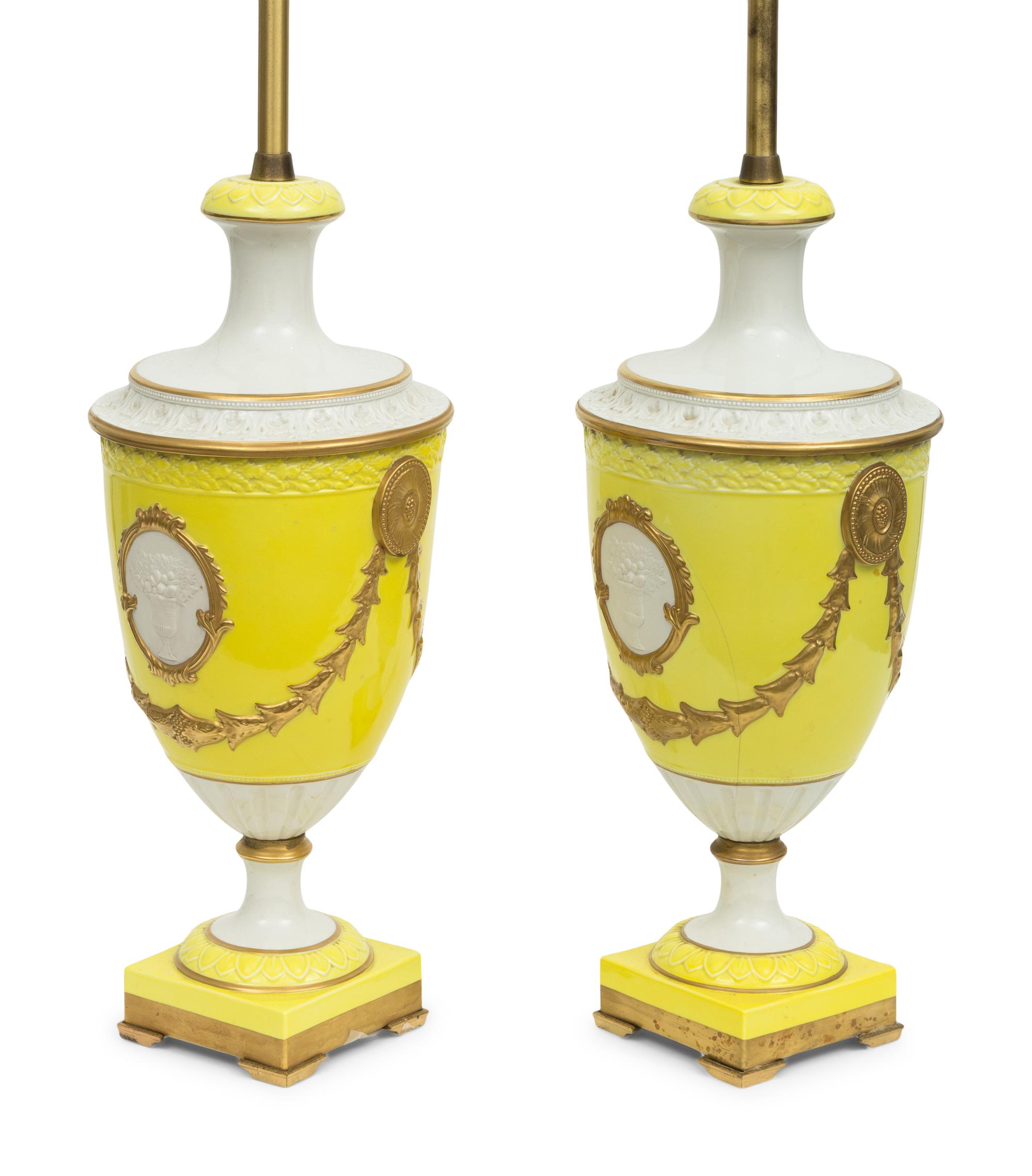 A Pair of Marbro Parcel Gilt Canary Yellow Urn-Form Porcelain Lamps