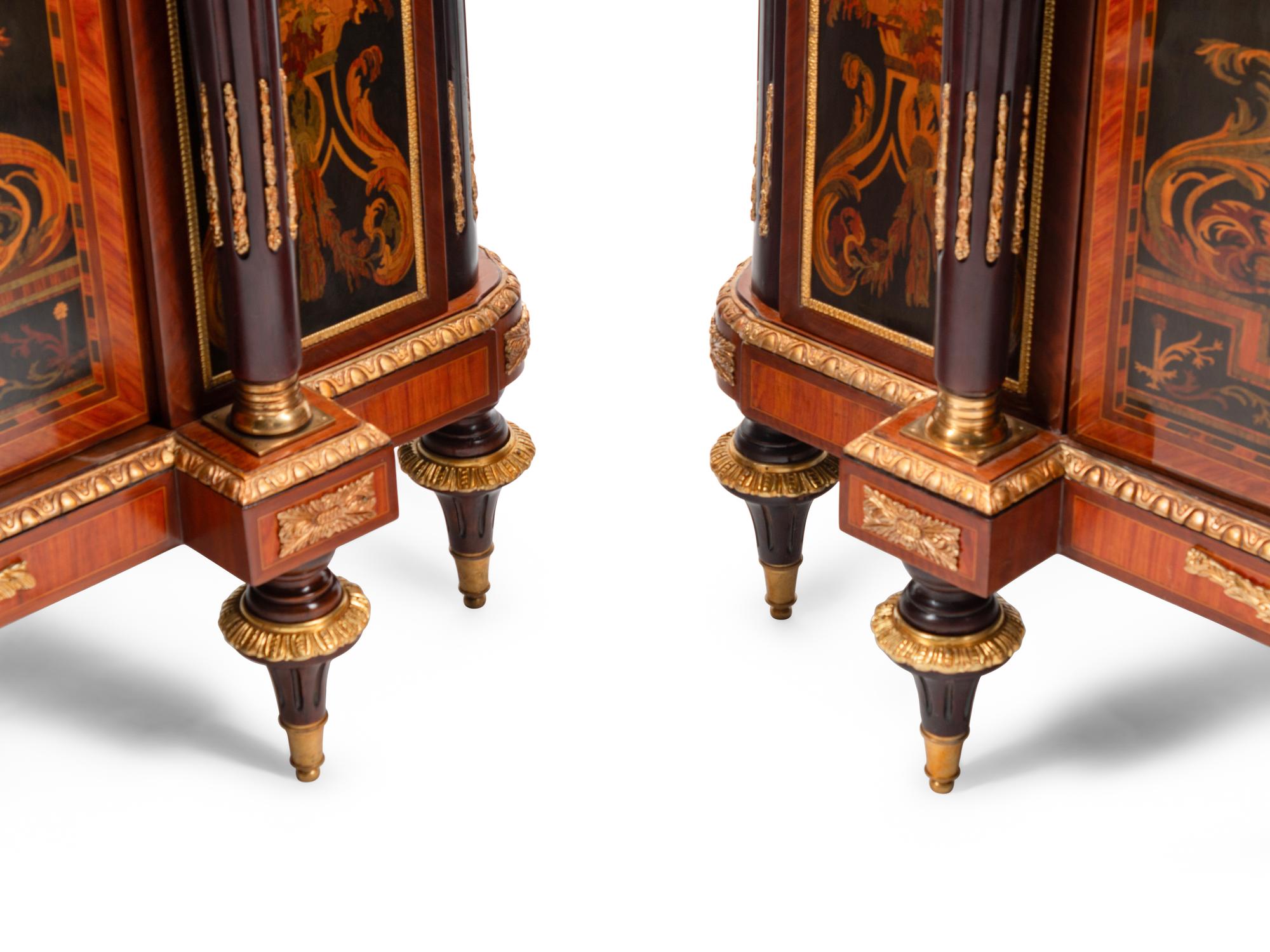A Pair of Louis XVI Style Gilt Bronze Mounted Marquetry Marble-Top Console Cabinets