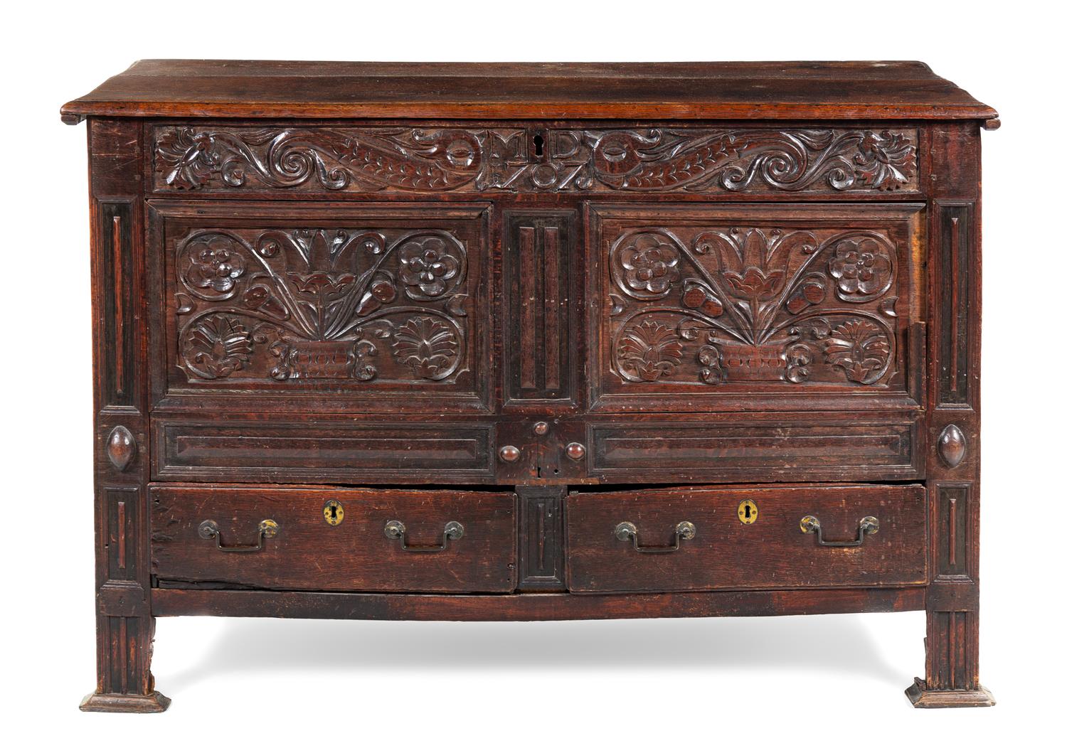 A William and Mary Oak Chest Height 35 x width 52 x depth 22 1/2 inches. — 17TH CENTURY