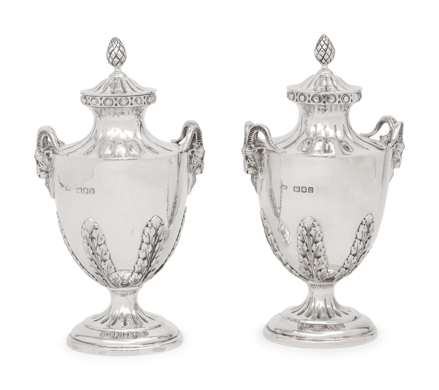 A Pair of English Silver Covered Vases