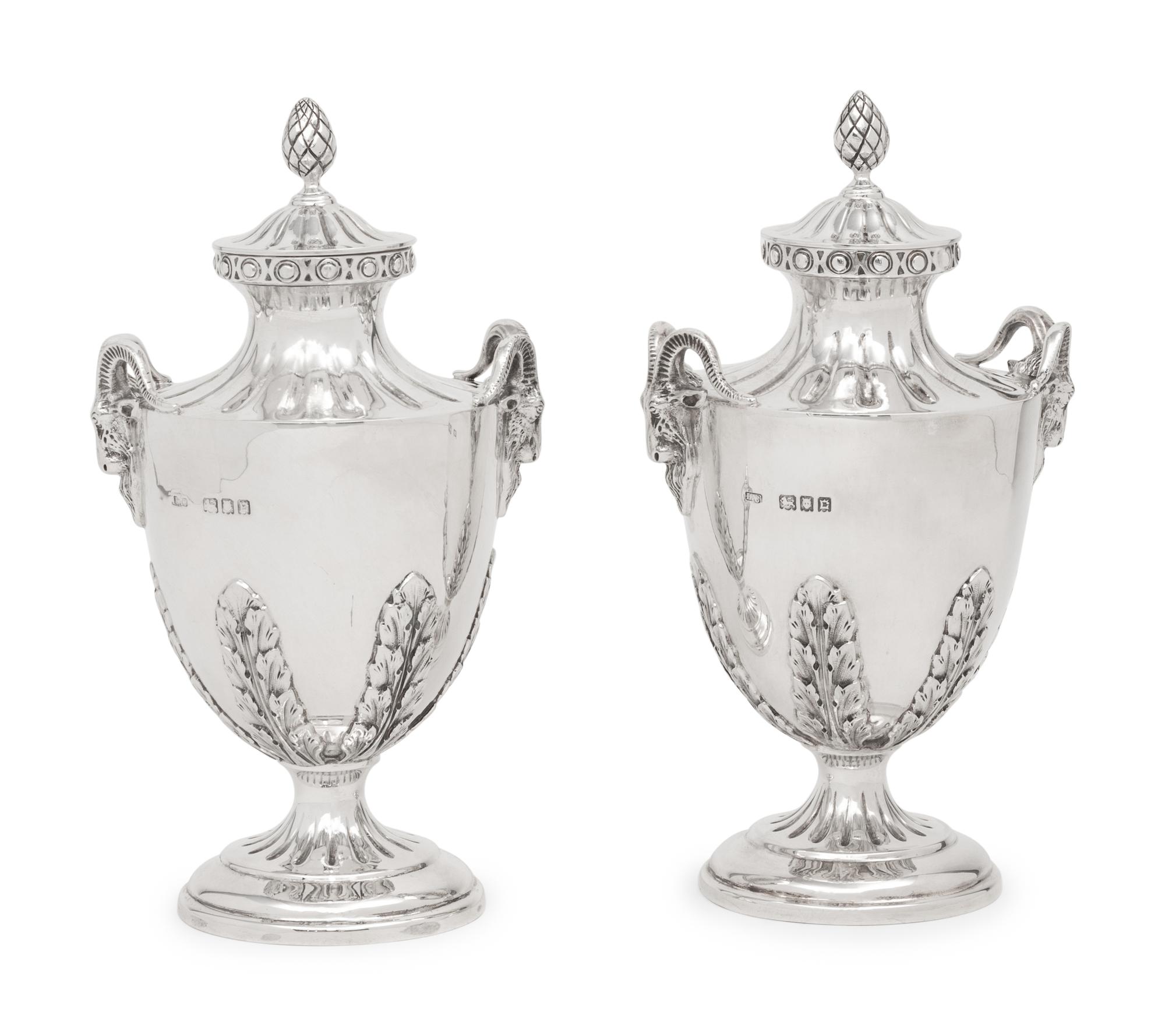A Pair of English Silver Covered Vases