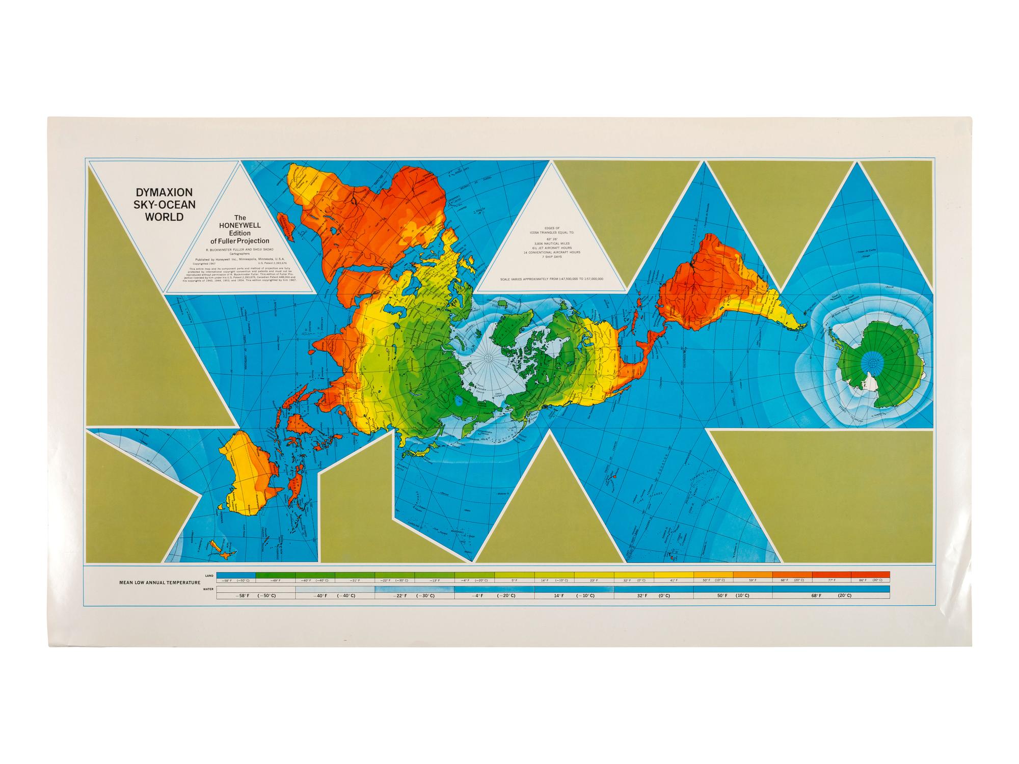 FULLER, R. Buckminster (1895-1983). A collection of 6 Dymaxion map posters, one SIGNED by Fuller and one with notations in his hand.