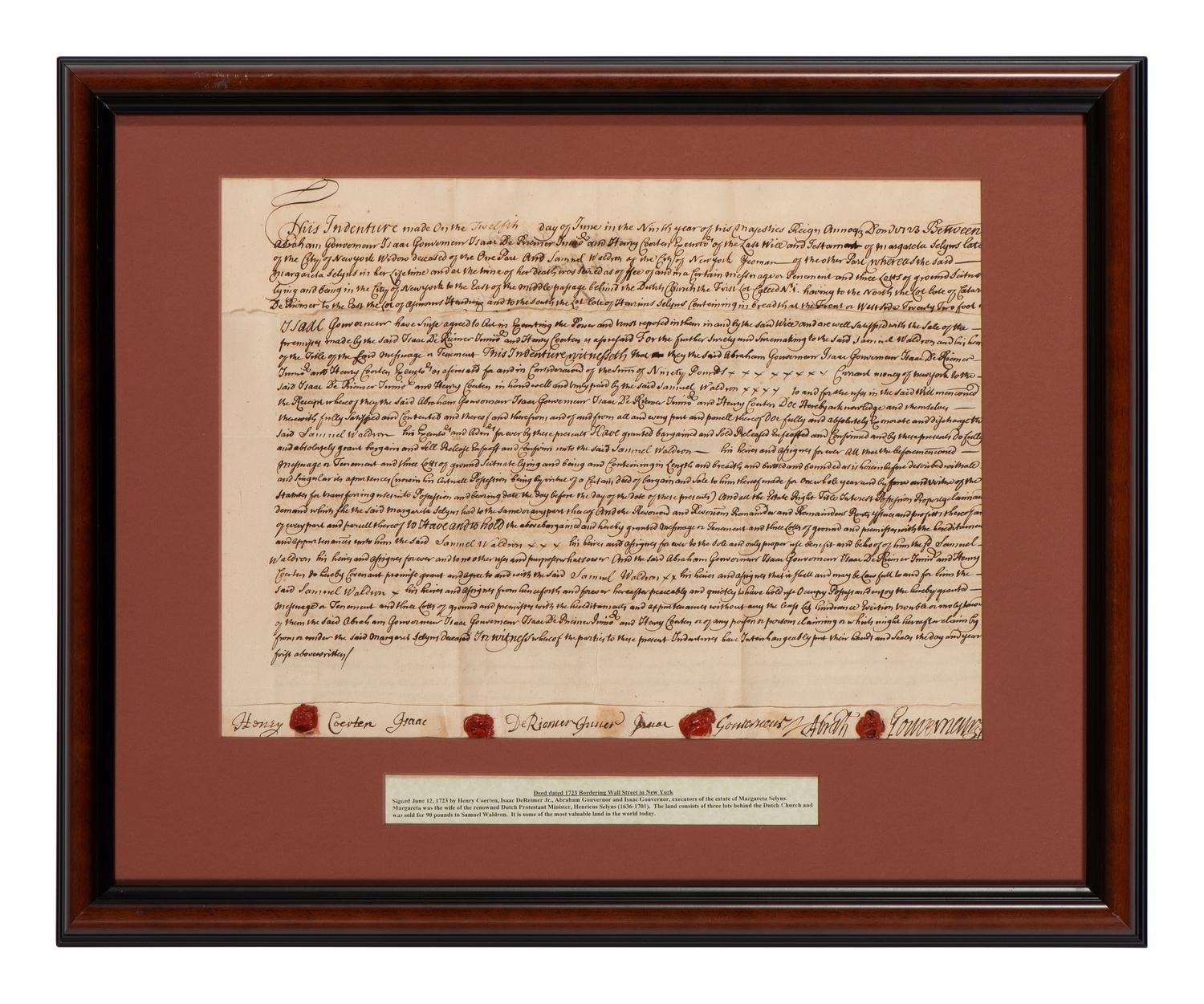 [NEW YORK]. Colonial-era manuscript indentures for property near Wall Street, 1694-1743.
