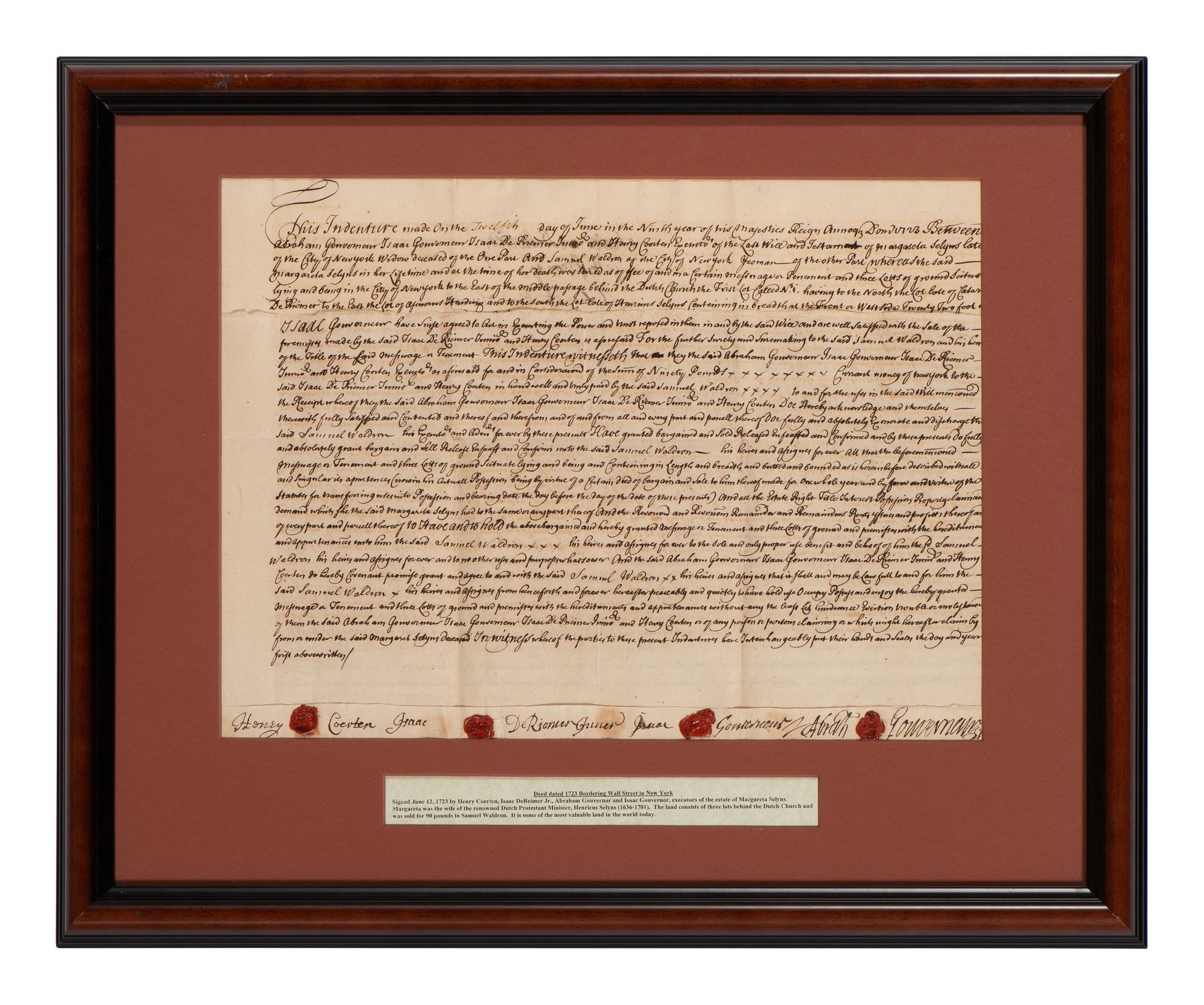 [NEW YORK]. Colonial-era manuscript indentures for property near Wall Street, 1694-1743.