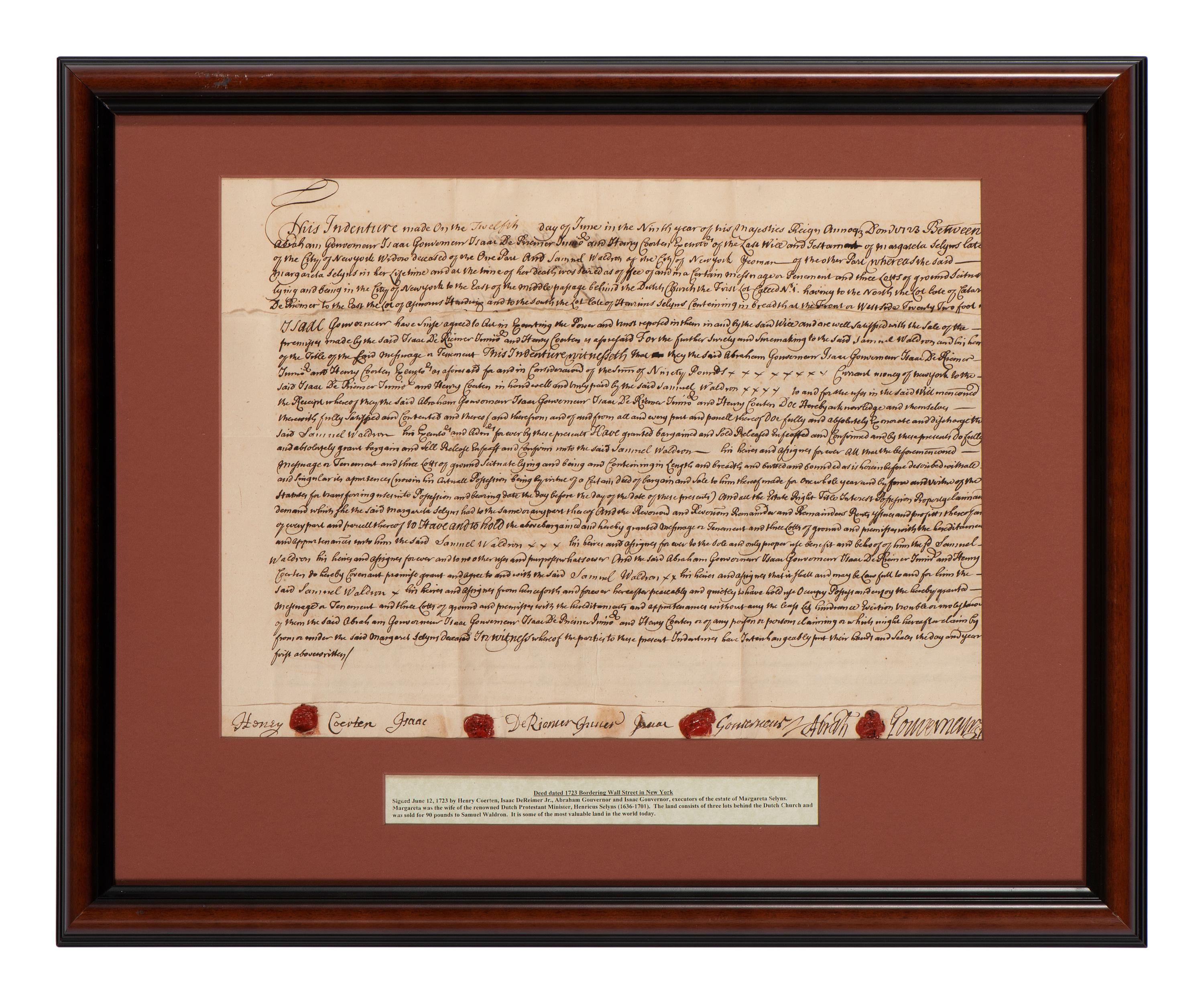 [NEW YORK]. Colonial-era manuscript indentures for property near Wall Street, 1694-1743.