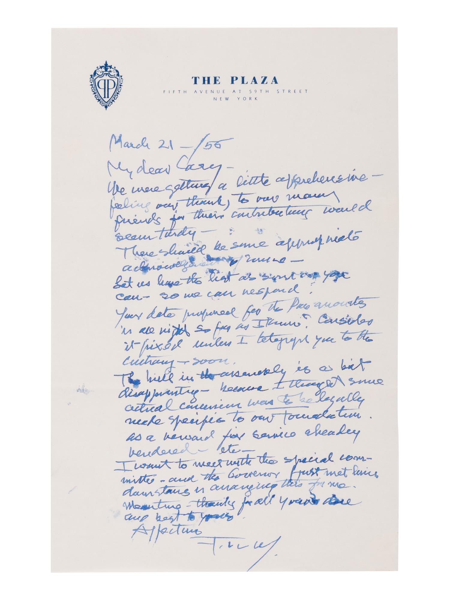 WRIGHT, Frank Lloyd (1869-1959). Autograph letter signed ("F. LL. W/"), to Jesse "Cary" Caraway. New York, 21 March 1955.
