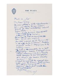 WRIGHT, Frank Lloyd (1869-1959). Autograph letter signed ("F. LL. W/"), to Jesse "Cary" Caraway. New York, 21 March 1955.