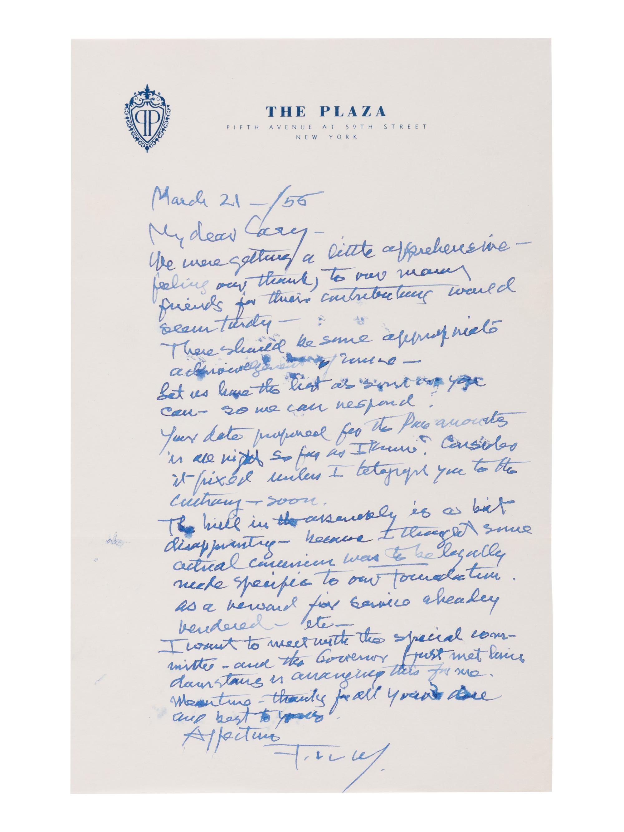 WRIGHT, Frank Lloyd (1869-1959). Autograph letter signed ("F. LL. W/"), to Jesse "Cary" Caraway. New York, 21 March 1955.