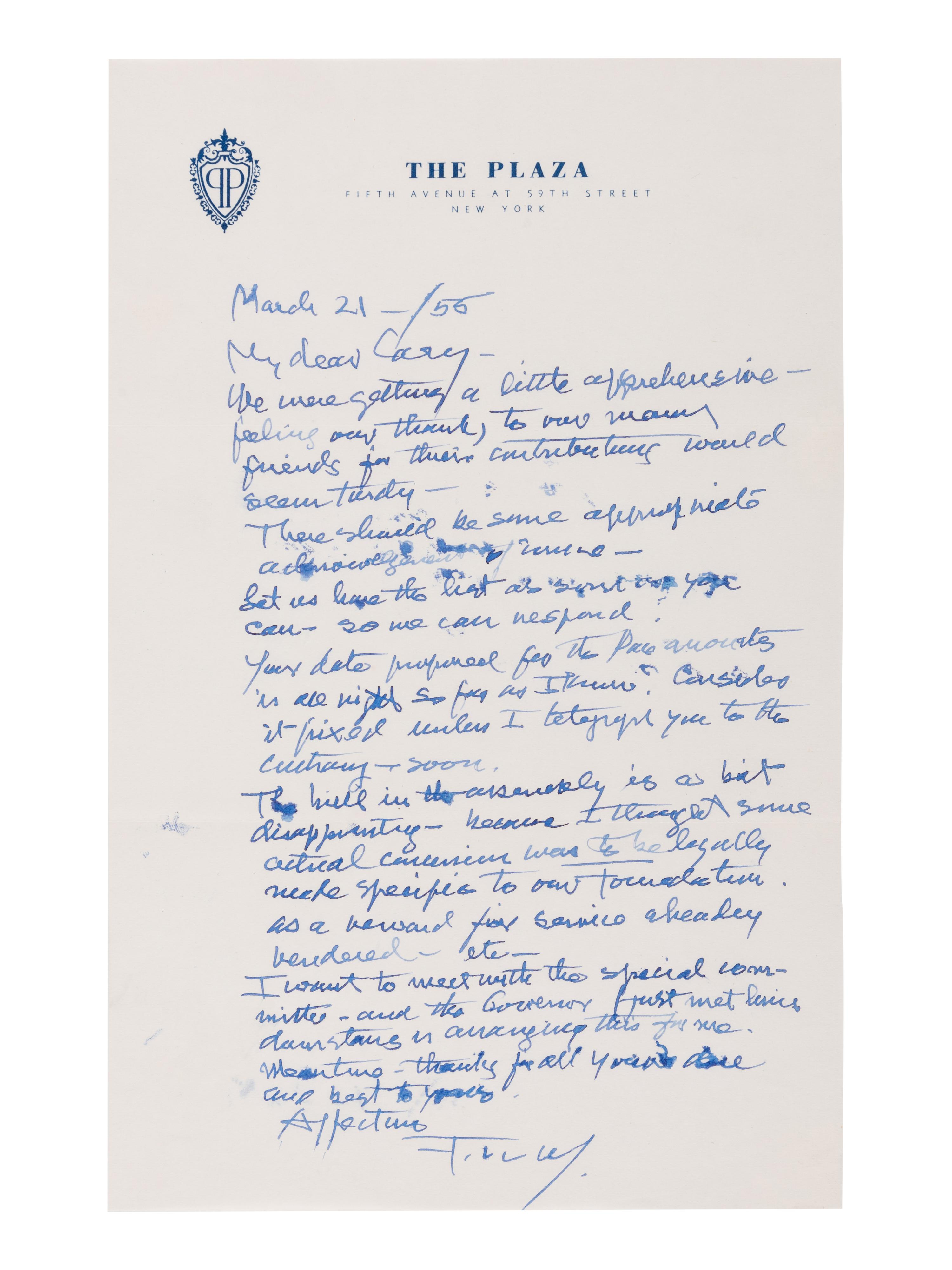 WRIGHT, Frank Lloyd (1869-1959). Autograph letter signed ("F. LL. W/"), to Jesse "Cary" Caraway. New York, 21 March 1955.