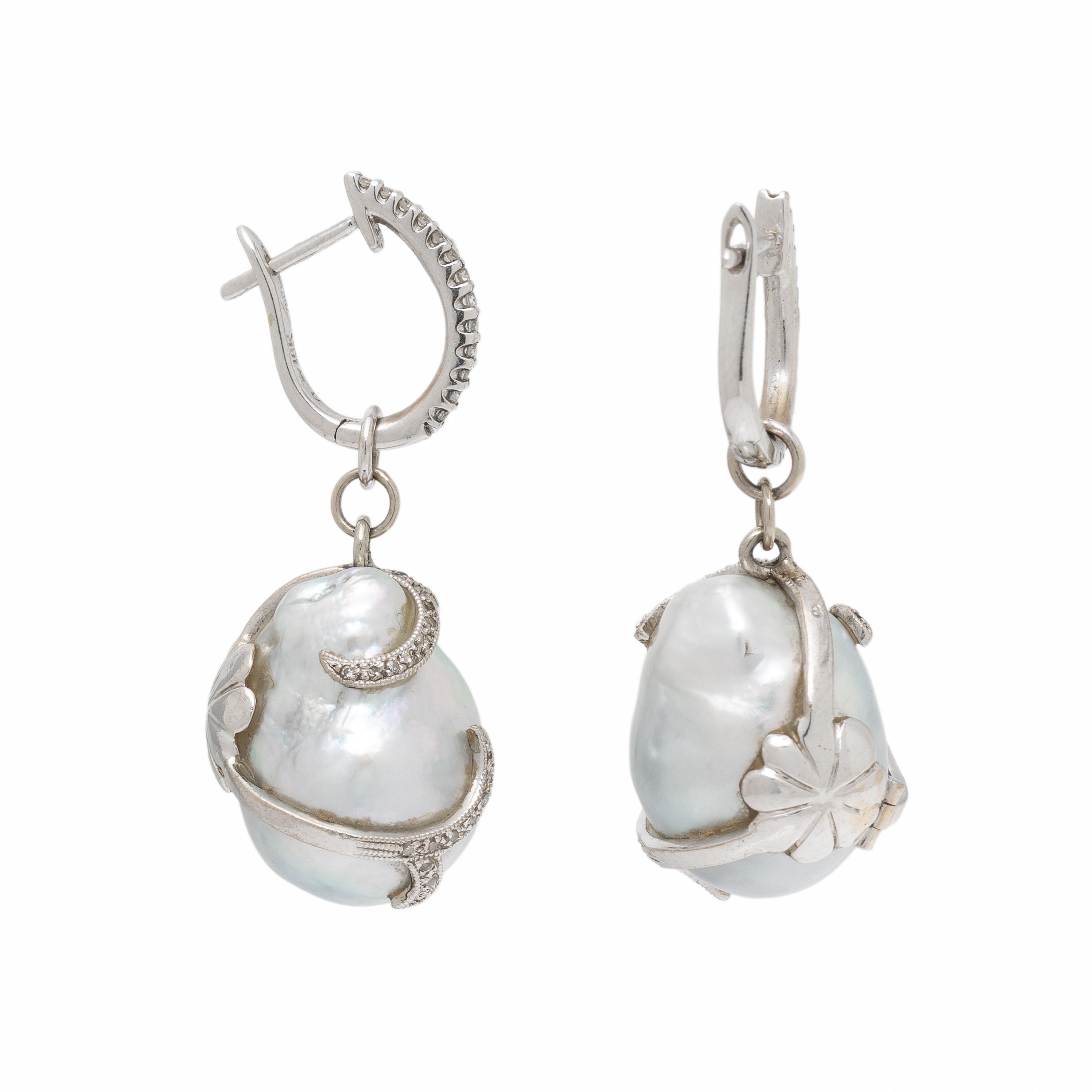 Cultured Baroque Pearl, Diamond, and White Gold Convertible Earrings