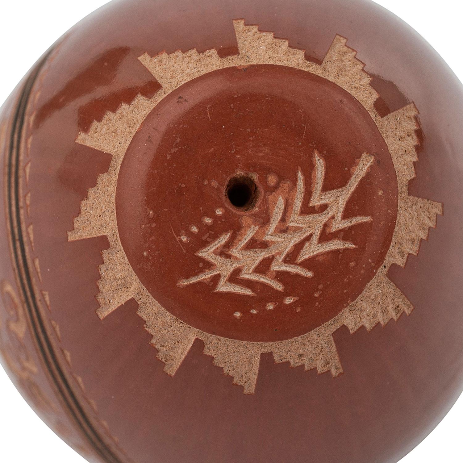 Red and Black Sgraffito Pottery Seed Jar, with Lapis Bead