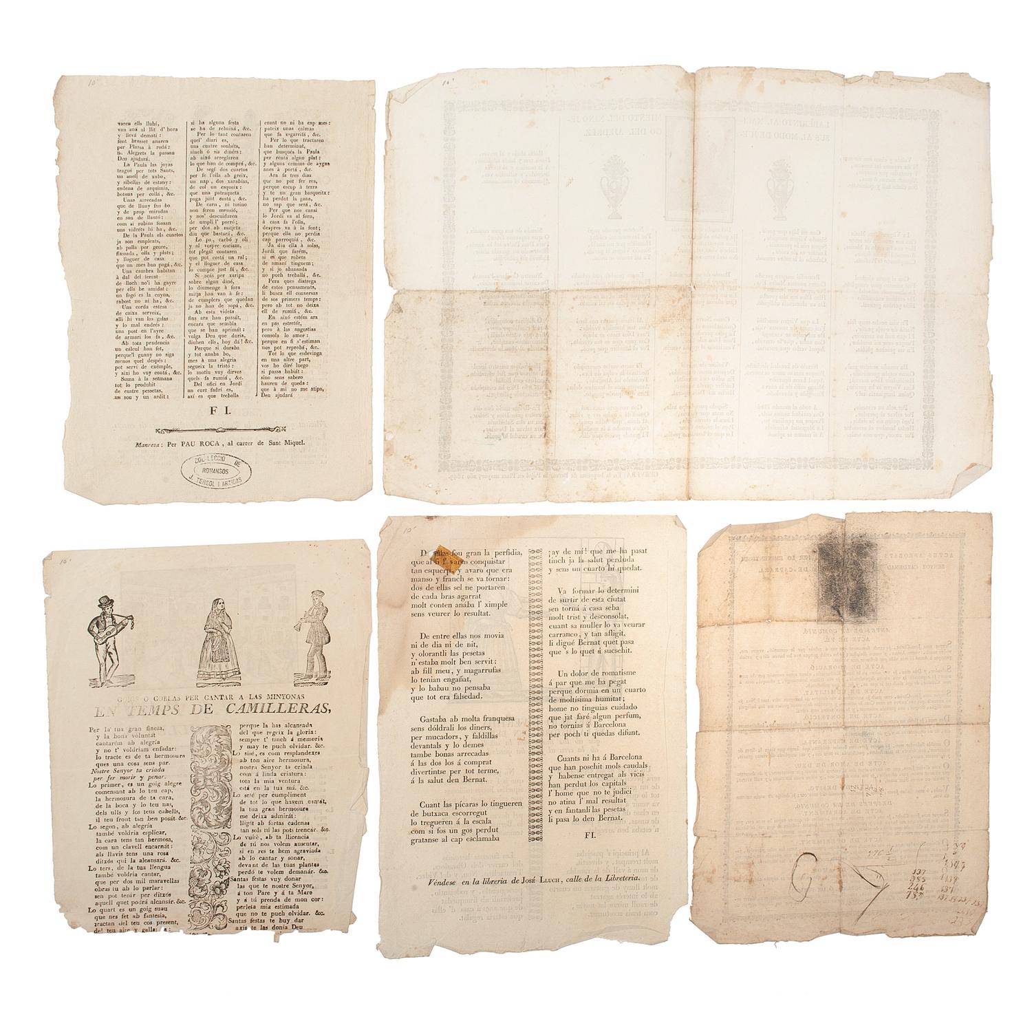 [EUROPE]. 12 Mid-19th Century Spanish broadsheets, many with woodcut illustrations and figures.