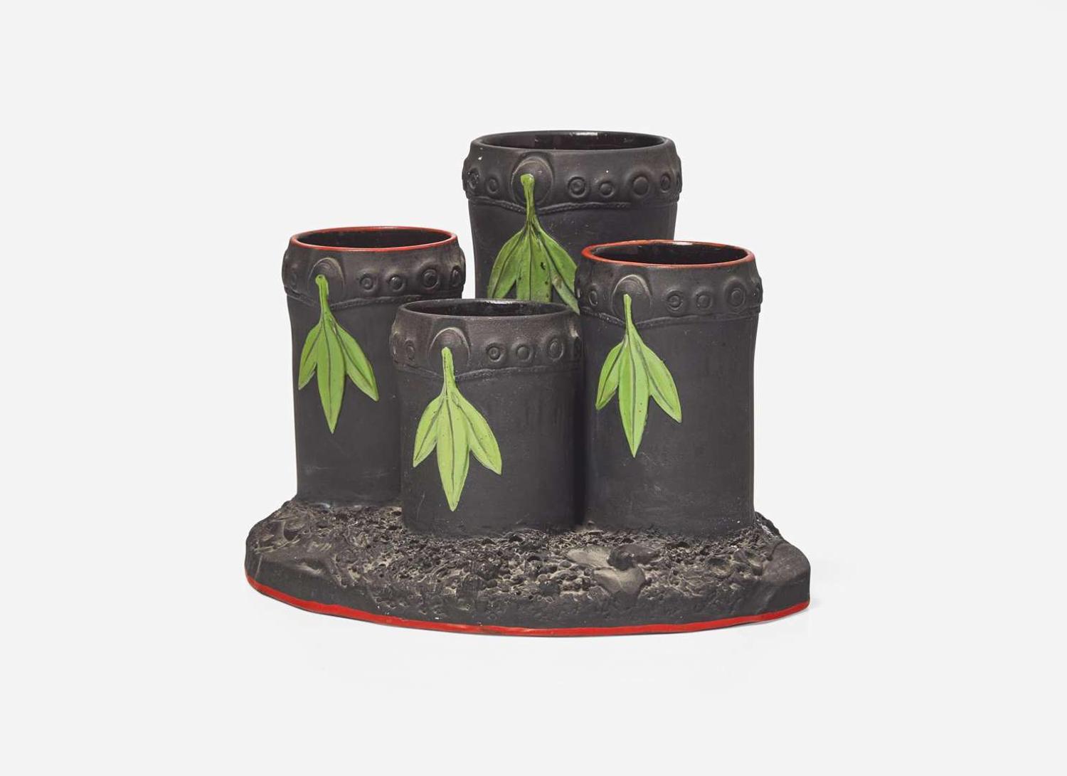 A Wedgwood Encaustic Decorated Black Basalt Four Tube Bamboo Form Vase, UK, circa 1800