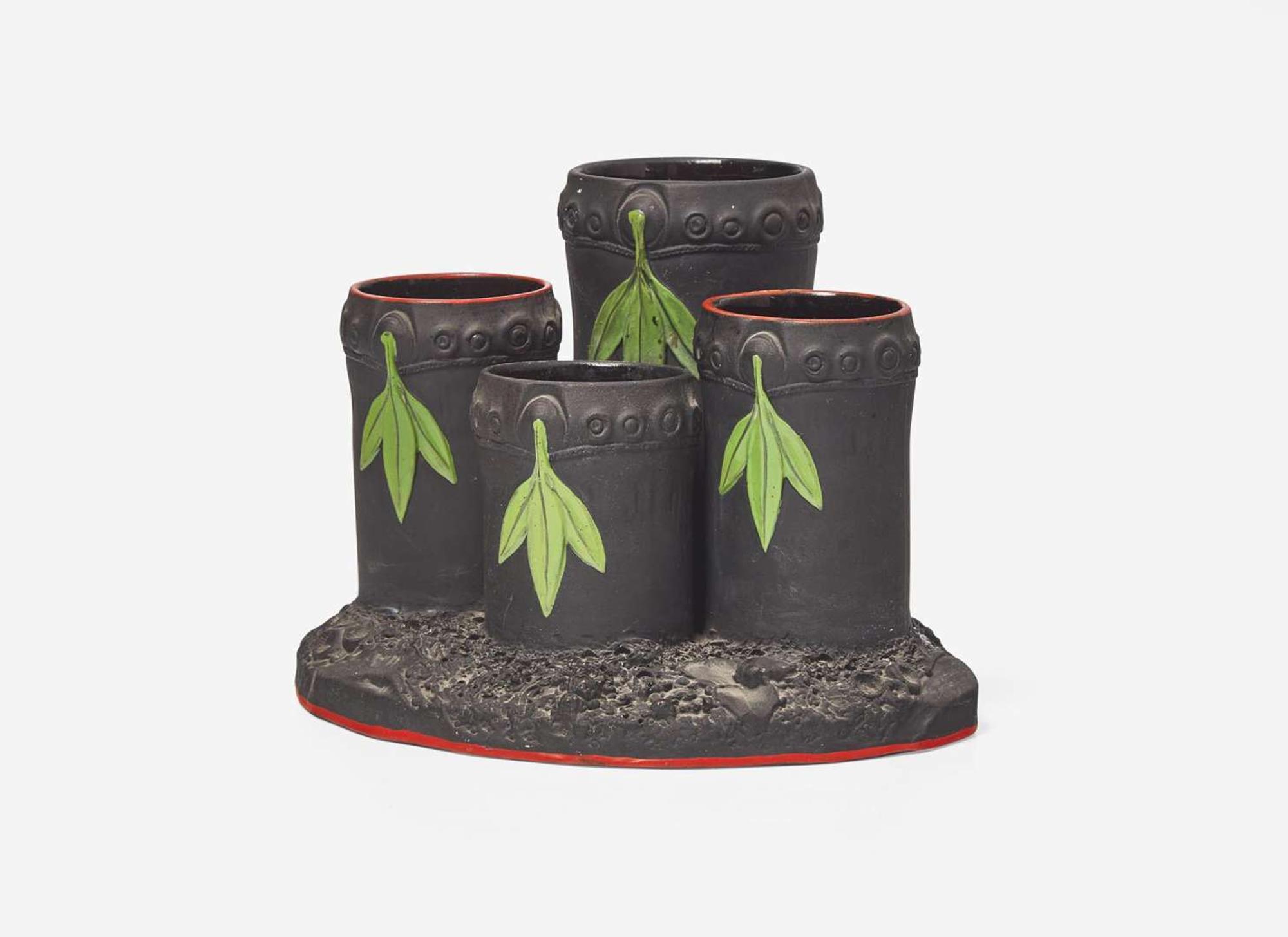 A Wedgwood Encaustic Decorated Black Basalt Four Tube Bamboo Form Vase, UK, circa 1800