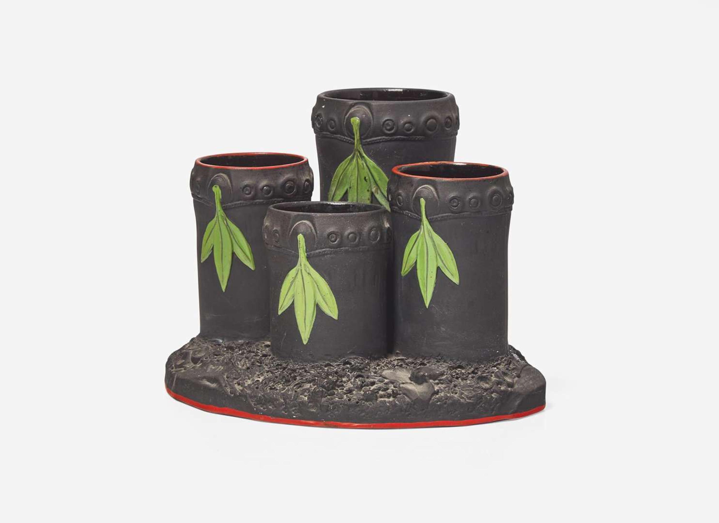 A Wedgwood Encaustic Decorated Black Basalt Four Tube Bamboo Form Vase, UK, circa 1800