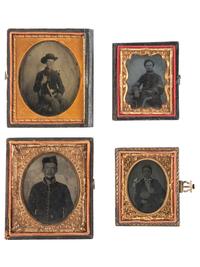 [CIVIL WAR]. A group of 4 tintypes of federal cavalrymen, highlighted by an armed subject, including:
