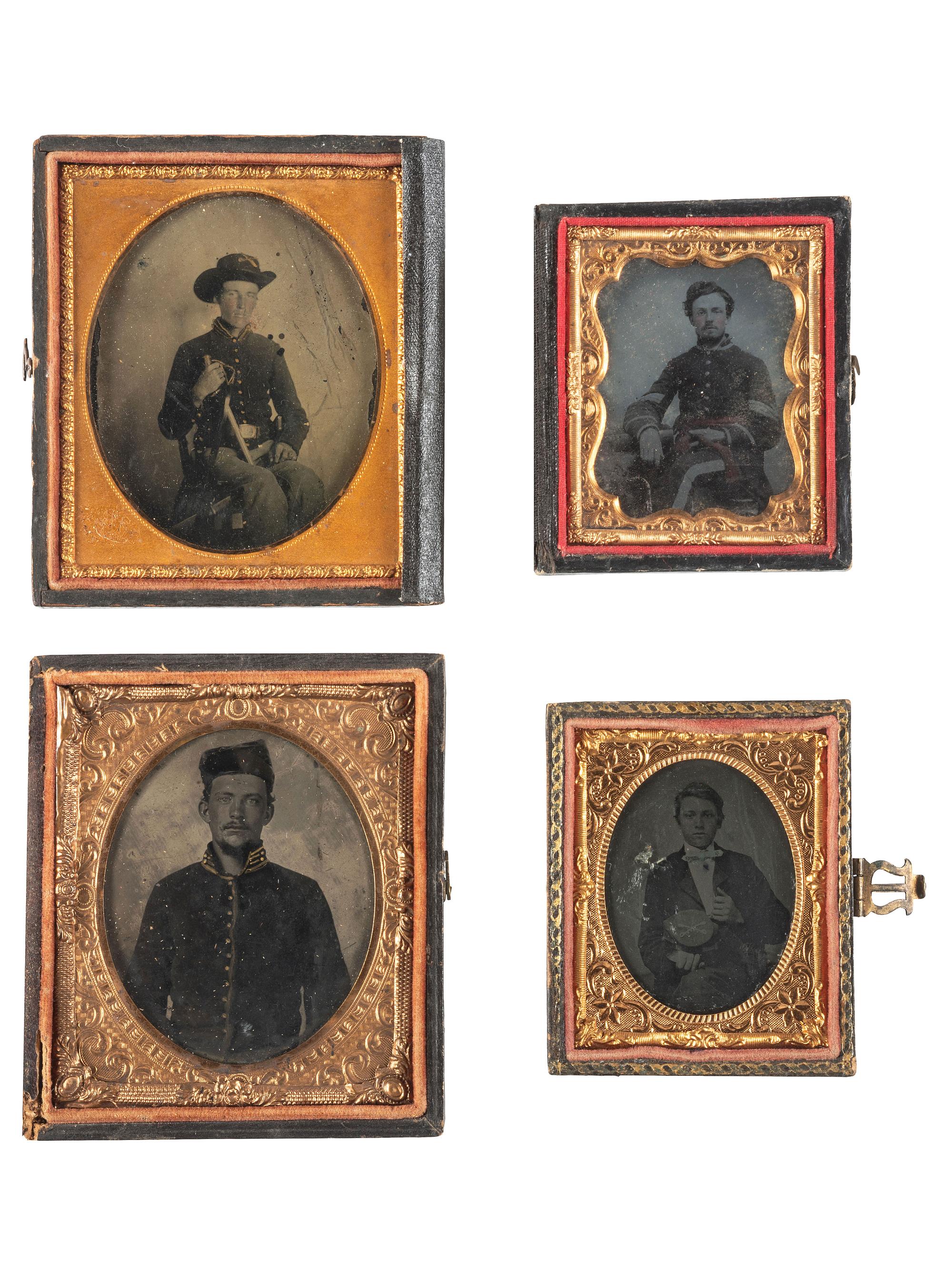 [CIVIL WAR]. A group of 4 tintypes of federal cavalrymen, highlighted by an armed subject, including: