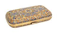 A Russian Enameled Silver-Gilt Cigarette Case, Ivan Khlebnikov, Moscow, Late 19th Century, of rectangular form with stylized floral scr