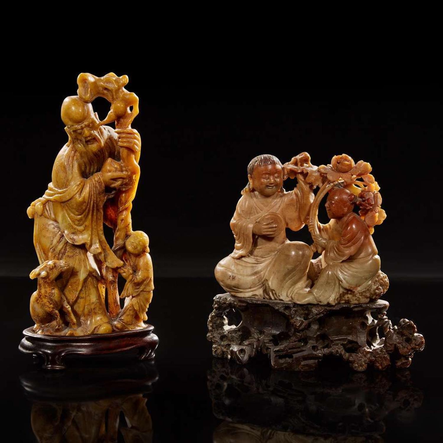 Two carved Chinese soapstone figures: Shoulao and attendant, and Liuhai and attendant 壽山石雕劉海壽老兩件 Late Qing to Republic period ?????