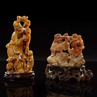 Two carved Chinese soapstone figures: Shoulao and attendant, and Liuhai and attendant 壽山石雕劉海壽老兩件 Late Qing to Republic period ?????