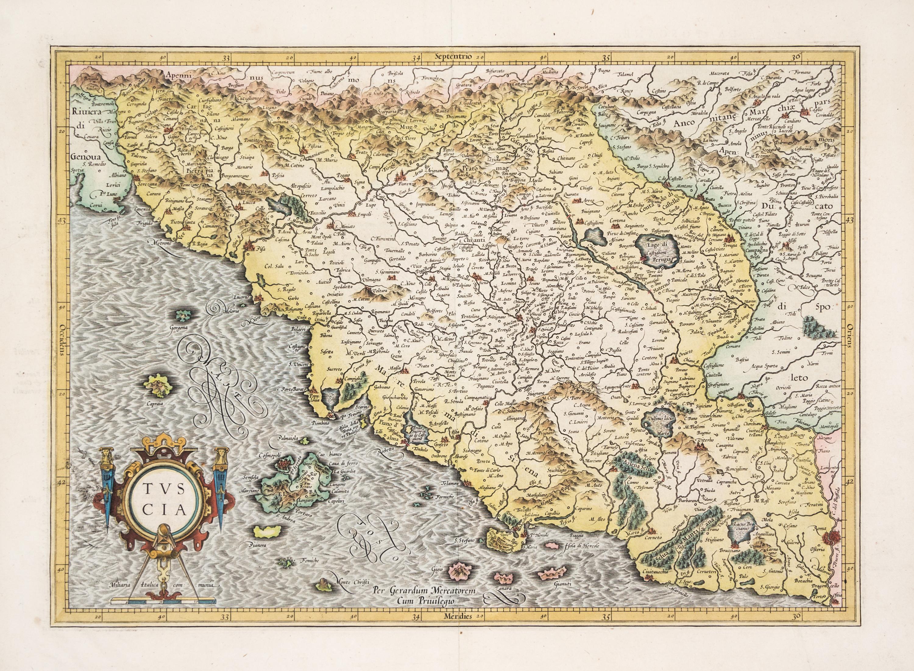 (MAP) MERCATOR, GERARD. Tuscia. Engraved map w/hand-coloring.